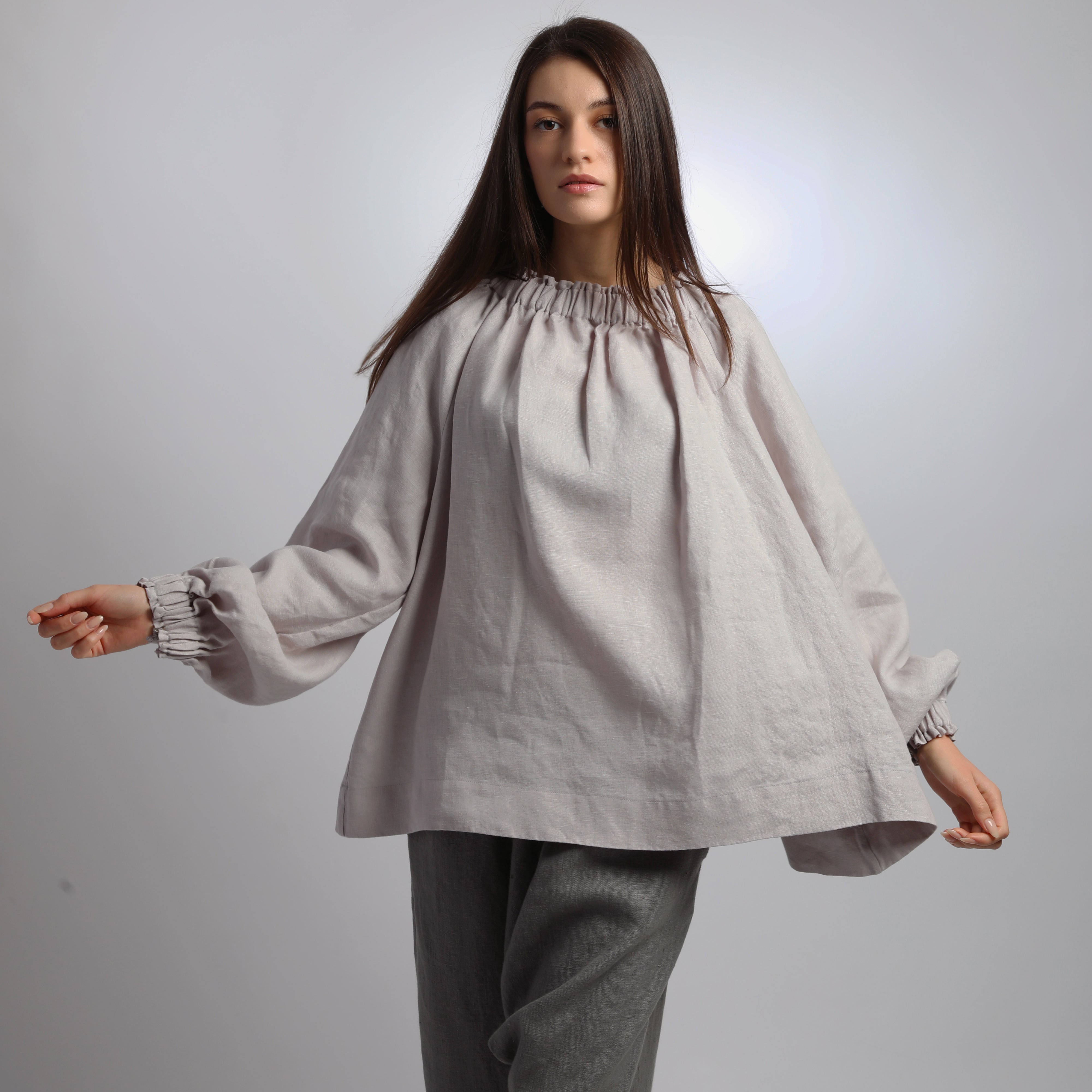 ARIEL Puff Sleeve Linen Blouse with Gathered Neck