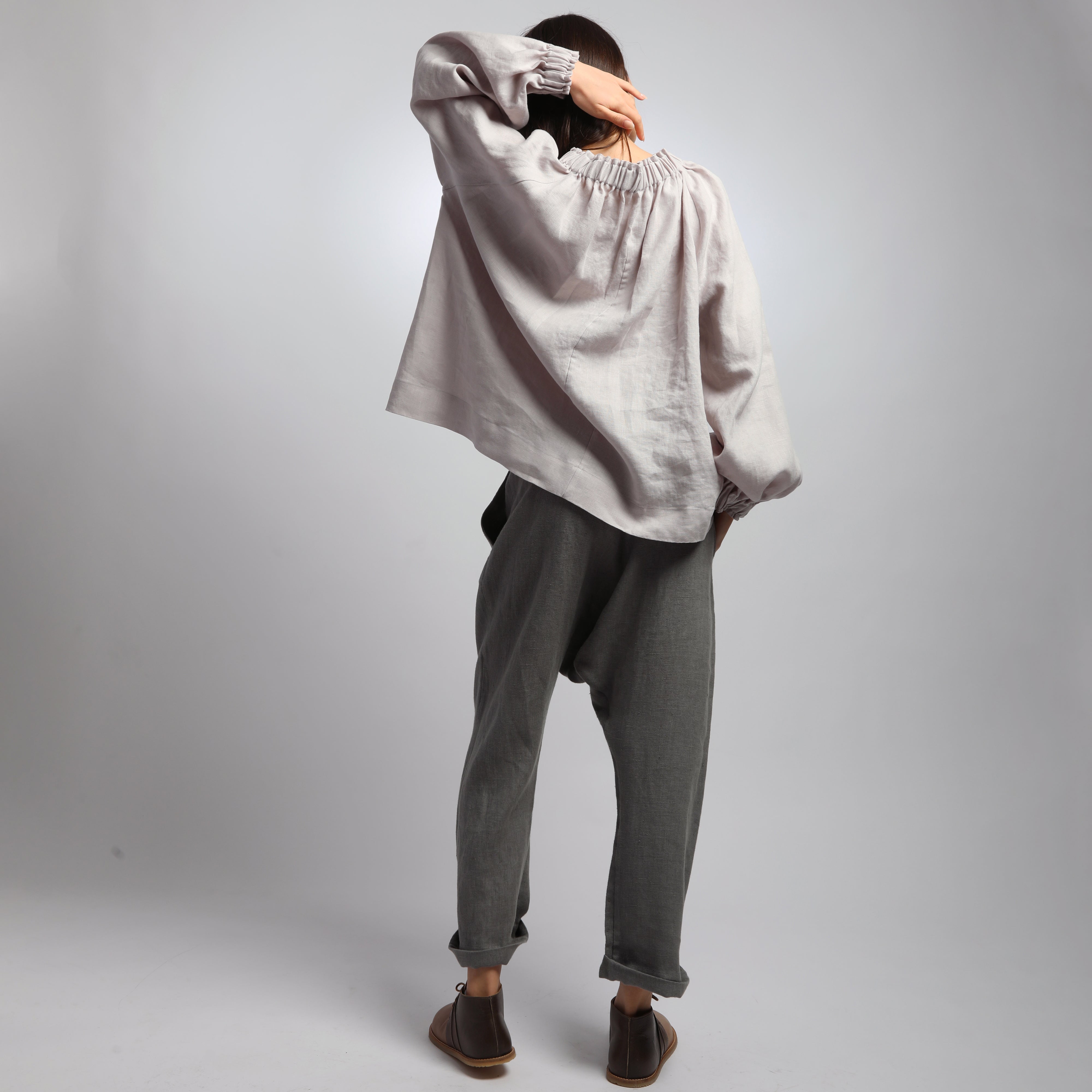 ARIEL Puff Sleeve Linen Blouse with Gathered Neck