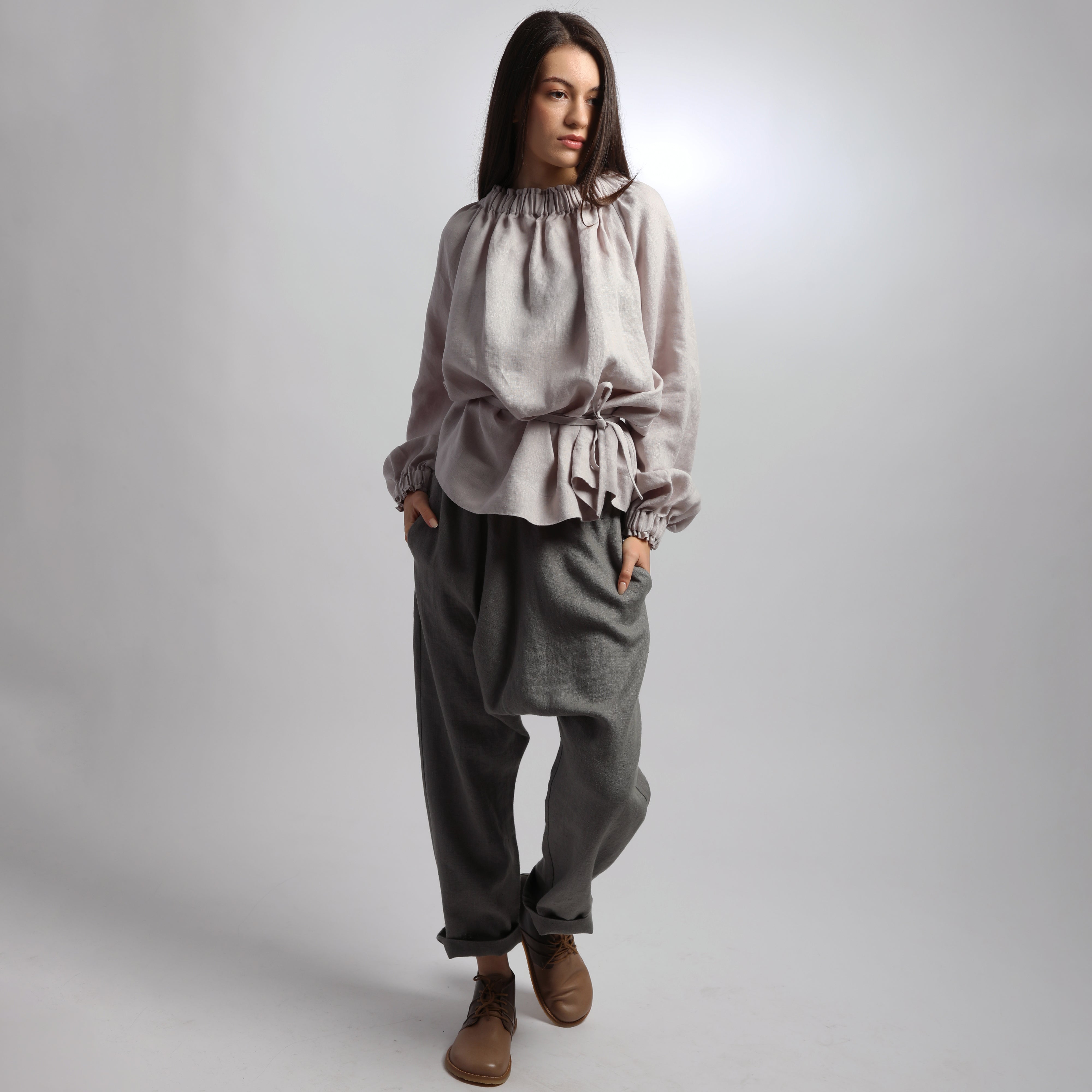 YUNA Drop Crotch Relaxed Cropped Linen Pants with Pockets