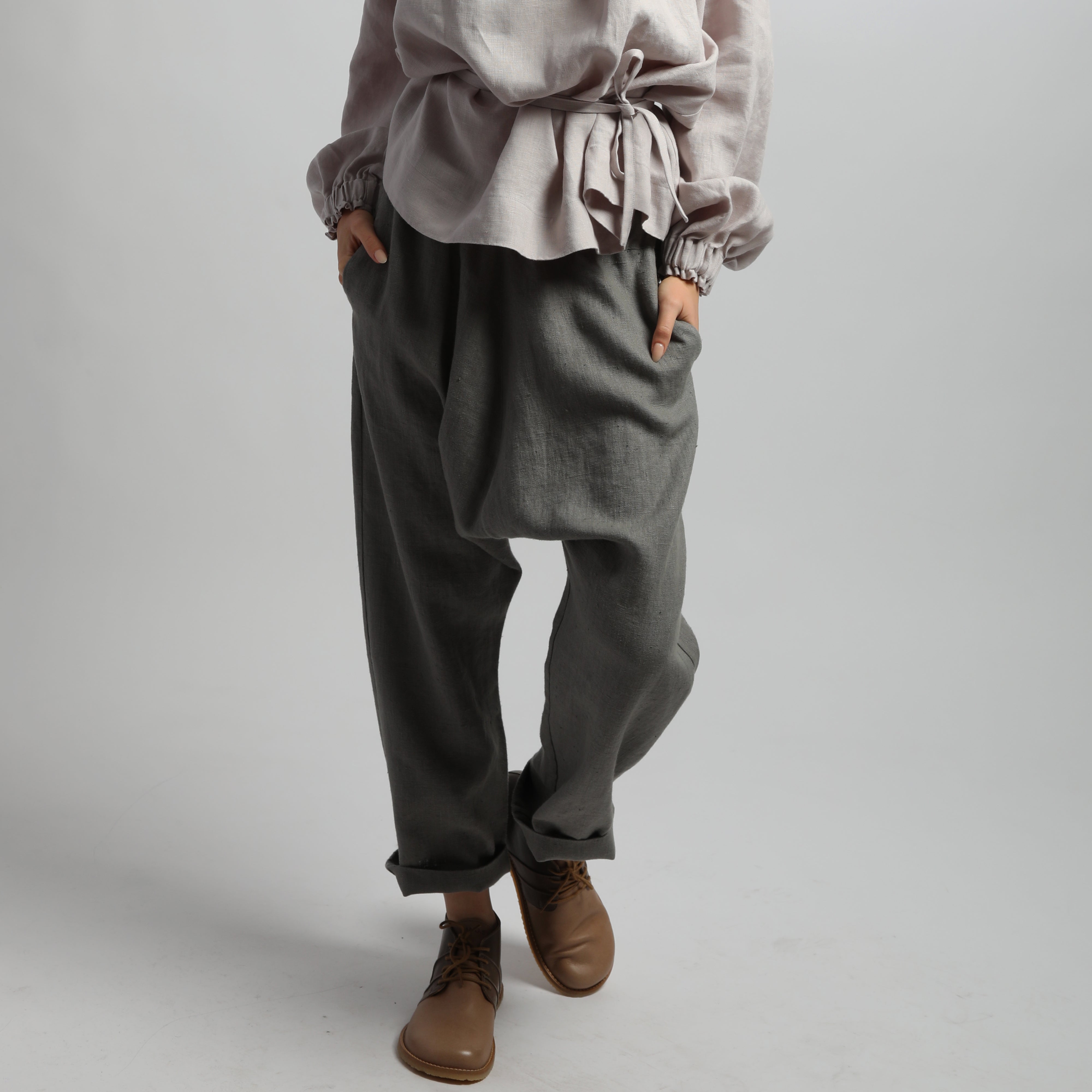 YUNA Drop Crotch Relaxed Cropped Linen Pants with Pockets