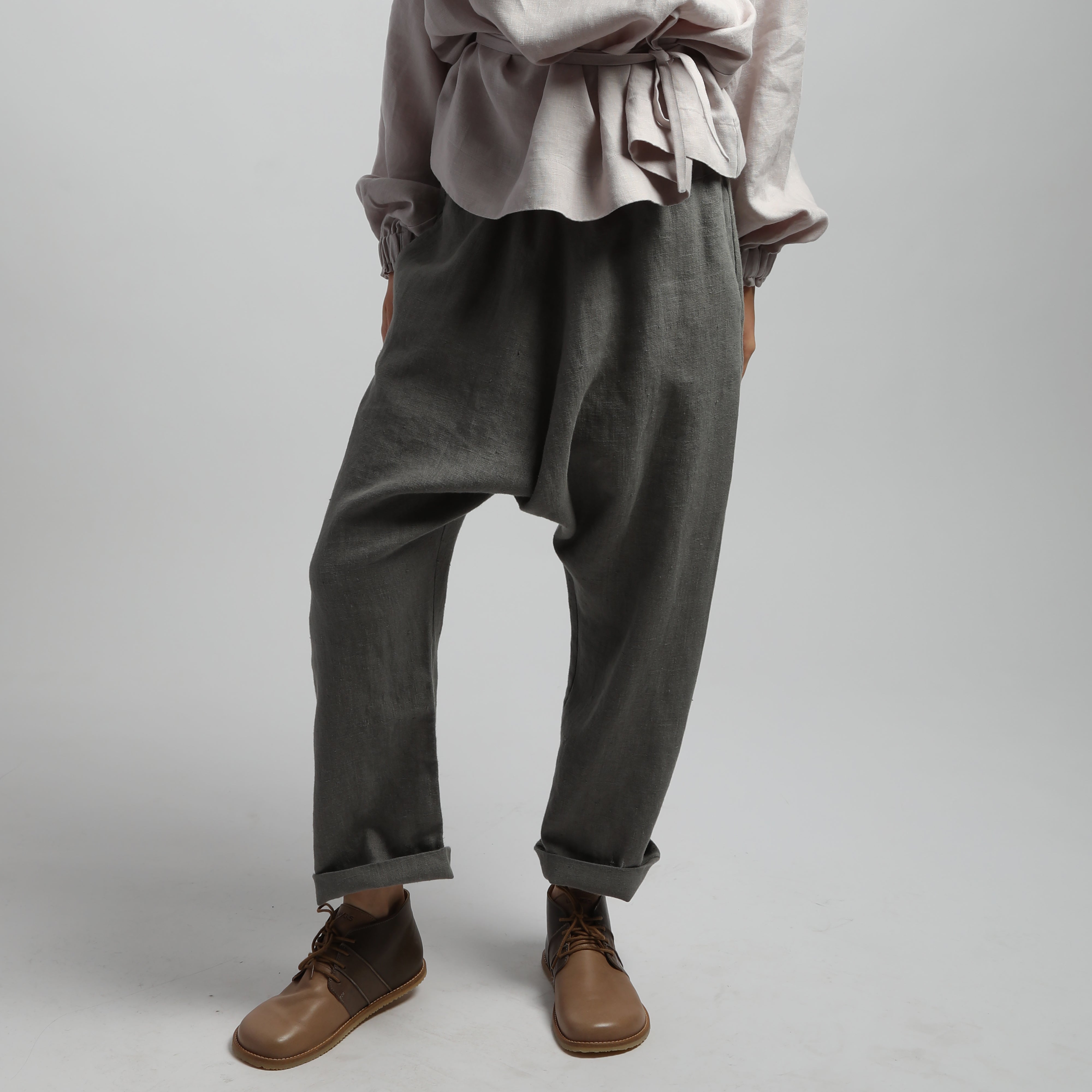 YUNA Drop Crotch Relaxed Cropped Linen Pants with Pockets