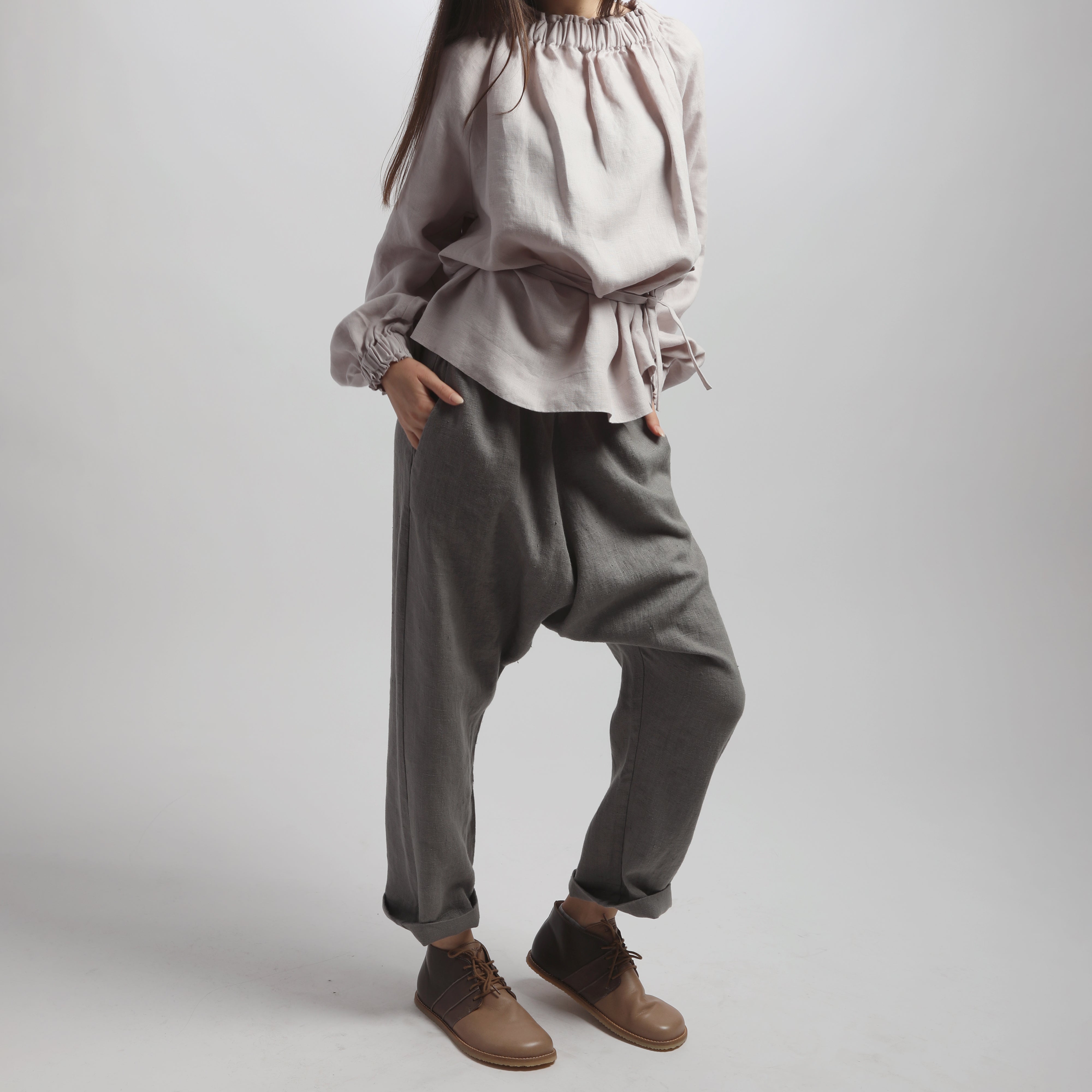 YUNA Drop Crotch Relaxed Cropped Linen Pants with Pockets