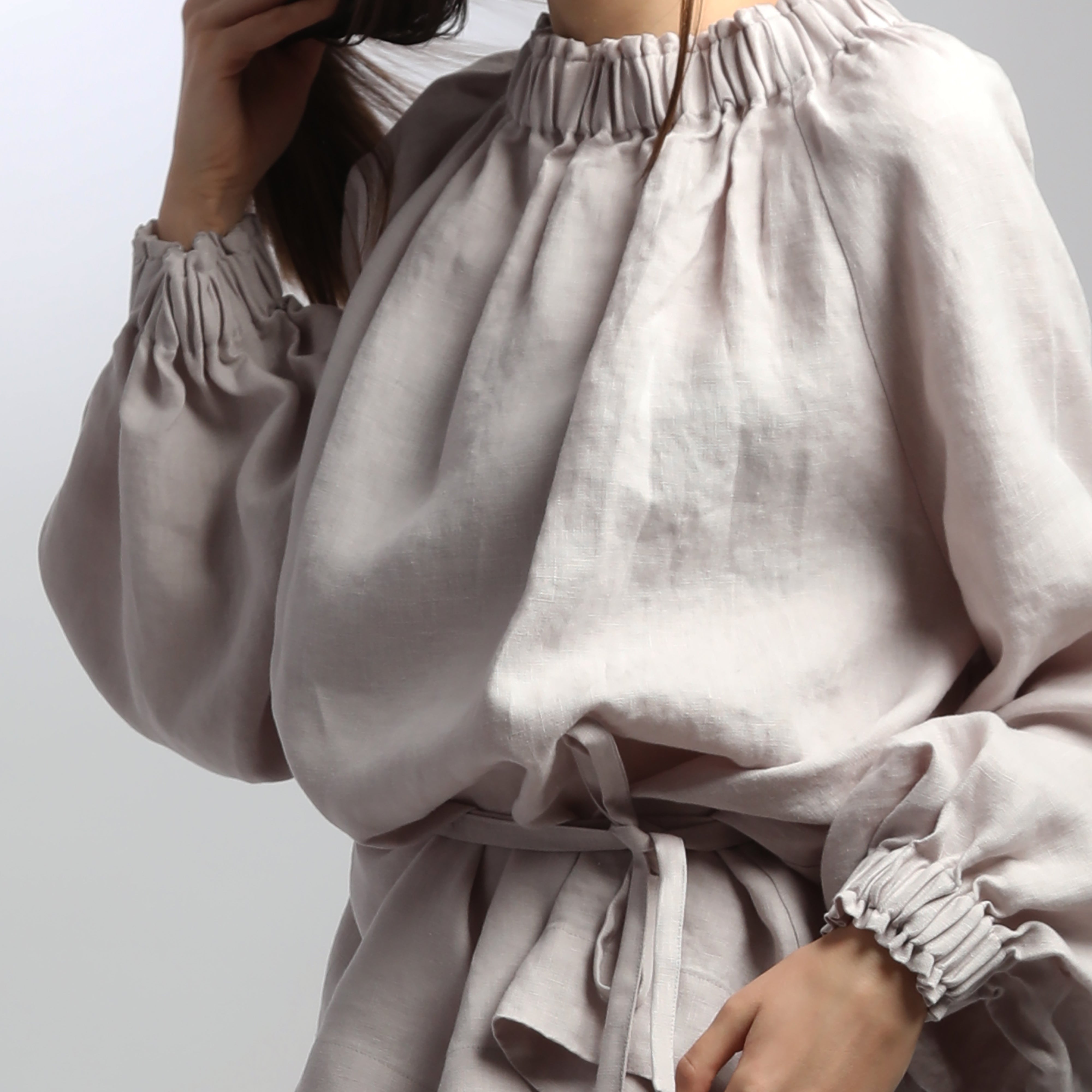 ARIEL Puff Sleeve Linen Blouse with Gathered Neck