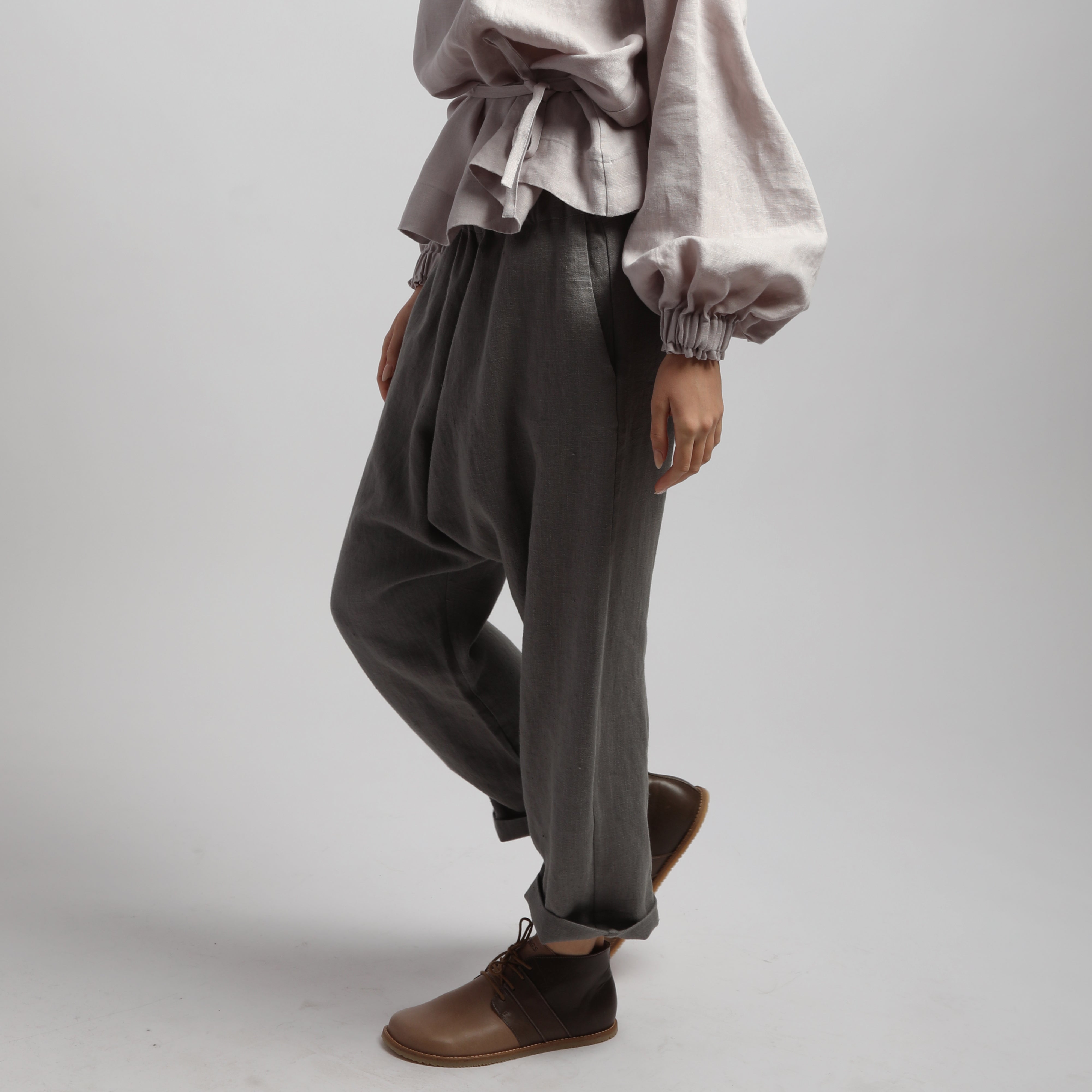 YUNA Drop Crotch Relaxed Cropped Linen Pants with Pockets