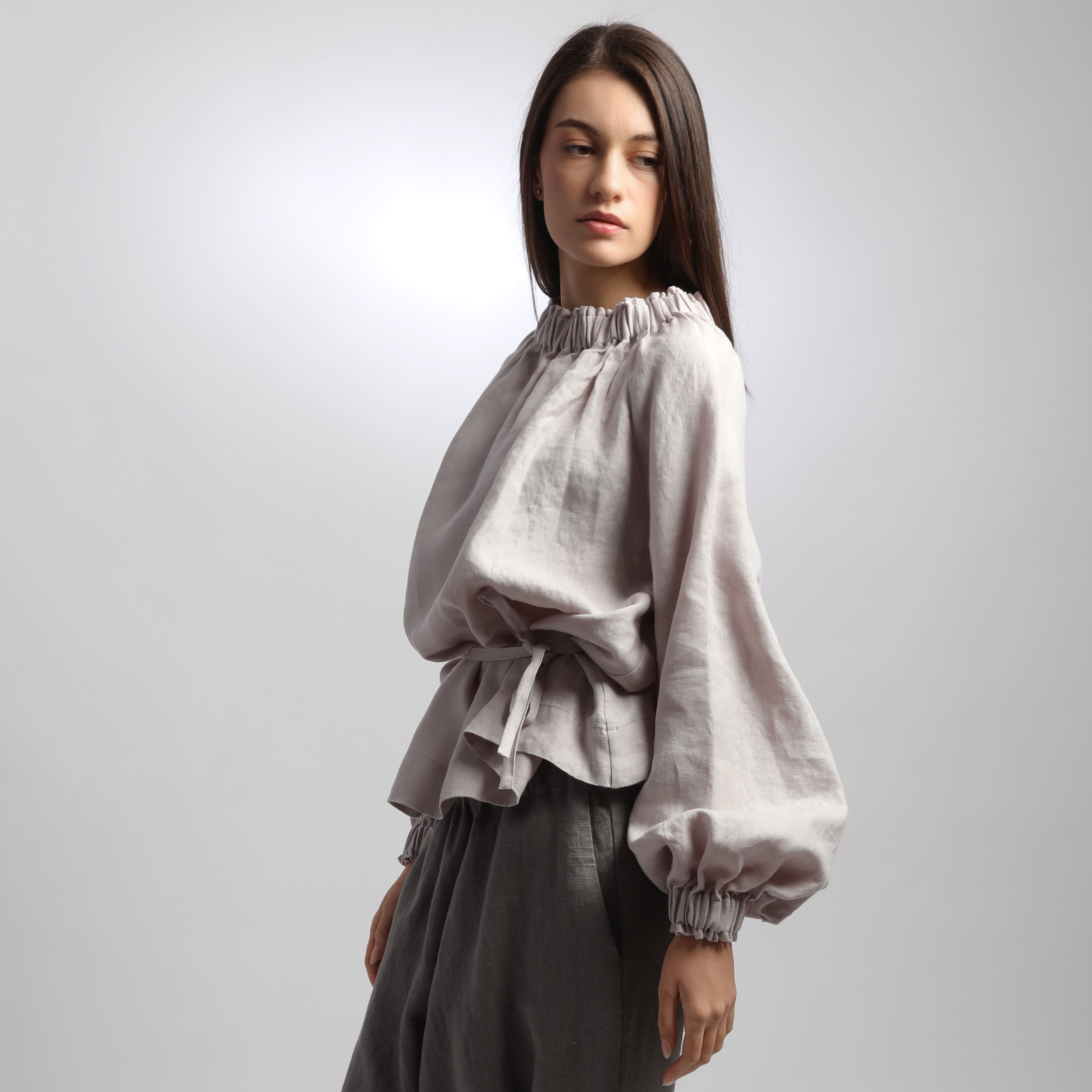 ARIEL Puff Sleeve Linen Blouse with Gathered Neck