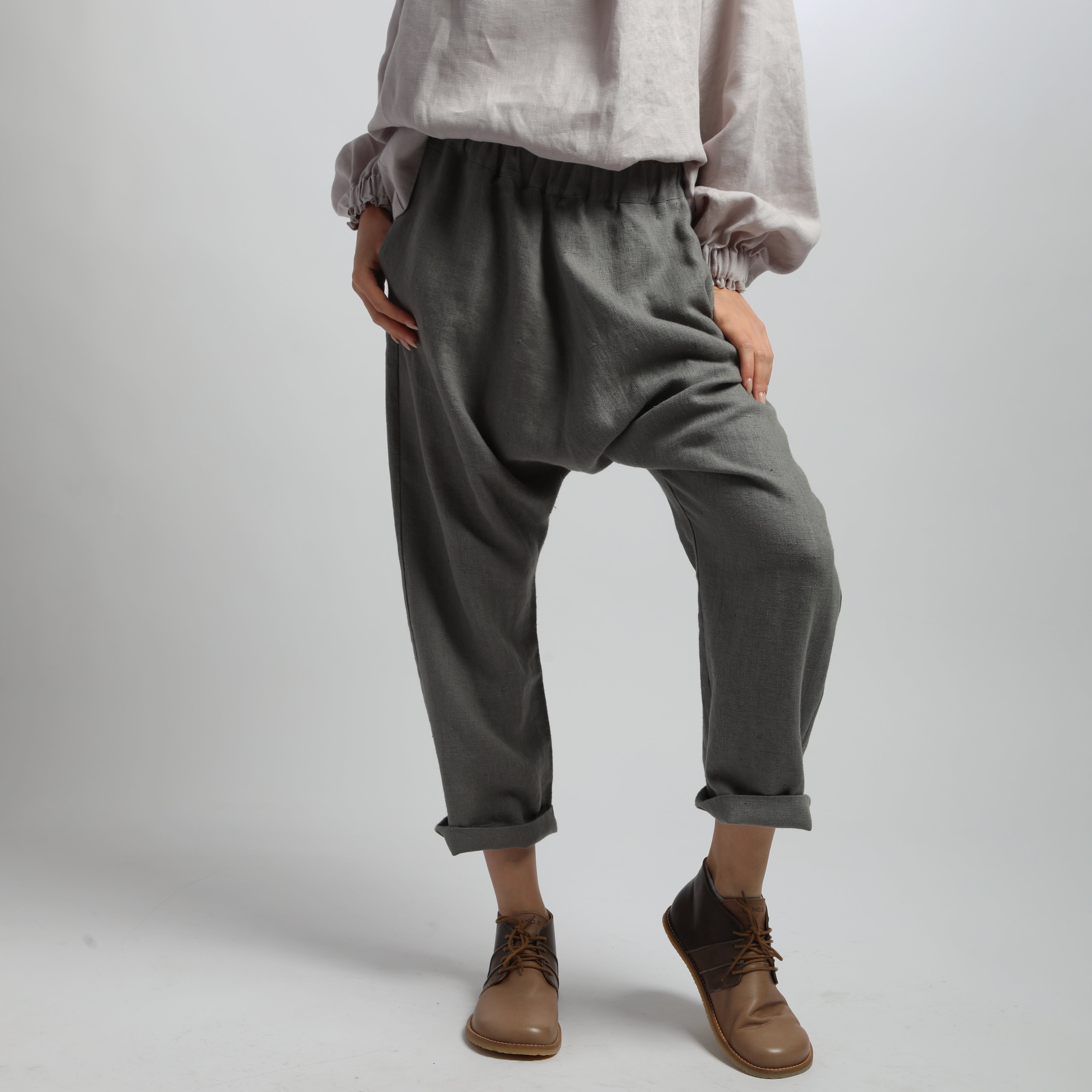 YUNA Drop Crotch Relaxed Linen Pants - Size XS - Color LIGHT OLIVE HEAVY