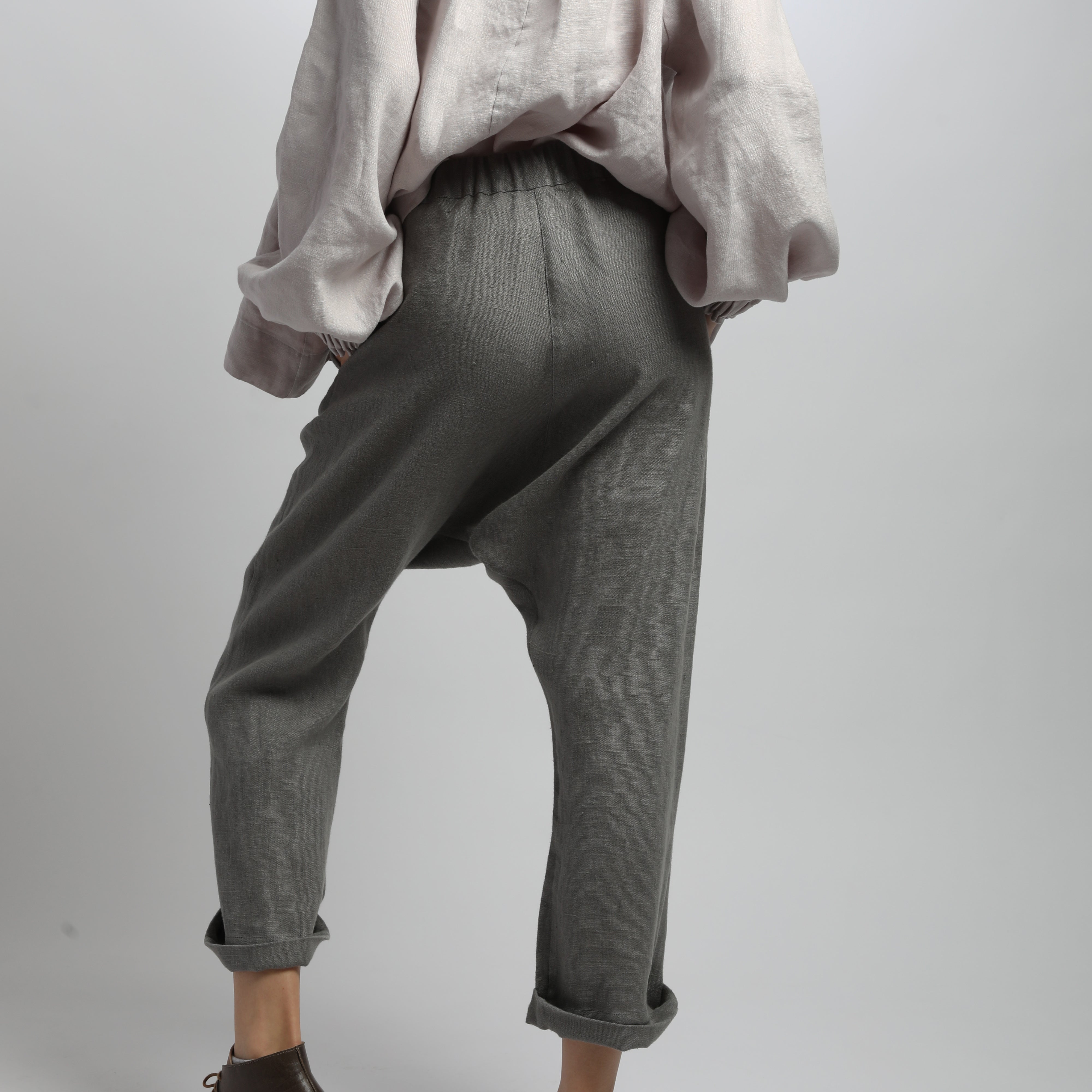 YUNA Drop Crotch Relaxed Cropped Linen Pants with Pockets