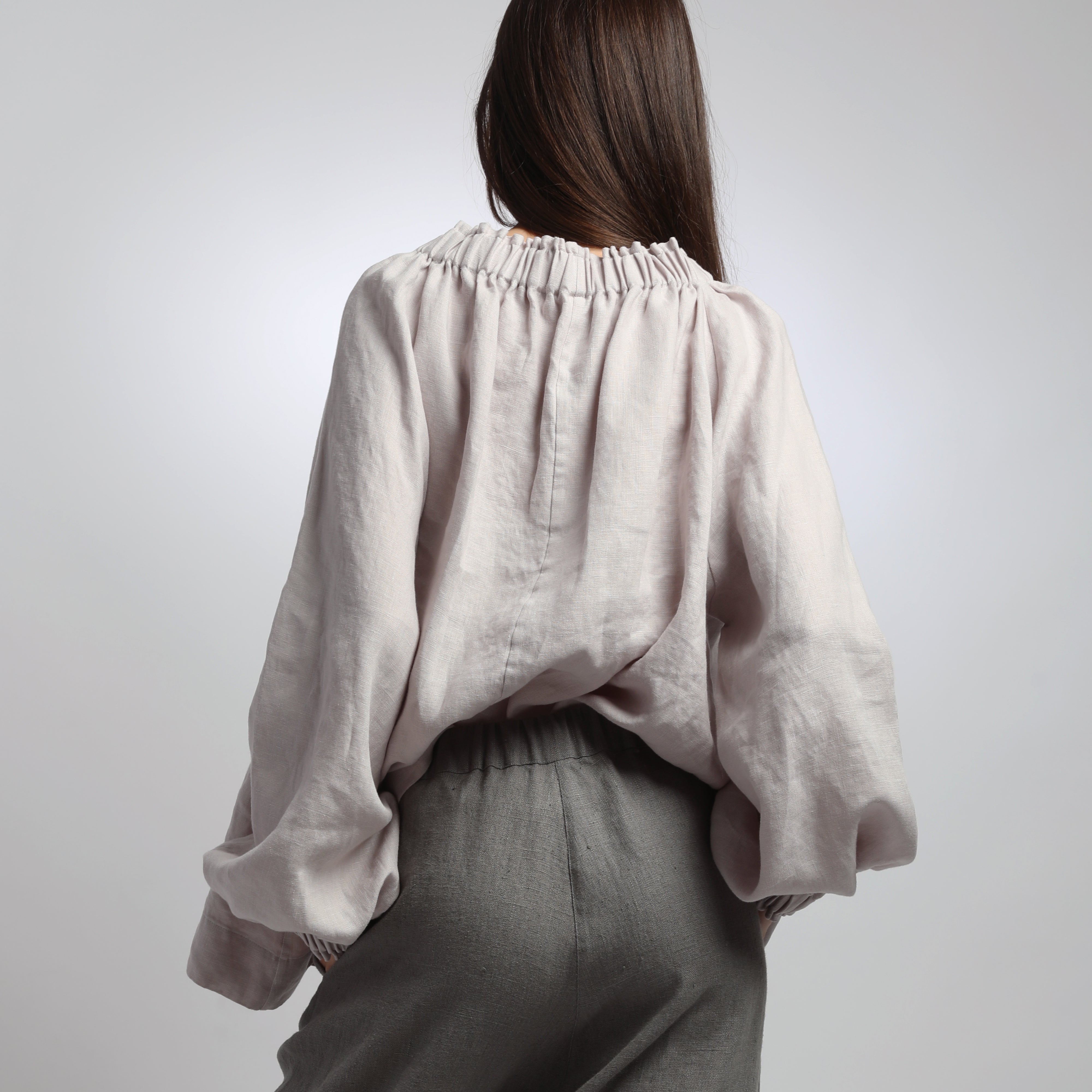 ARIEL Puff Sleeve Linen Blouse with Gathered Neck