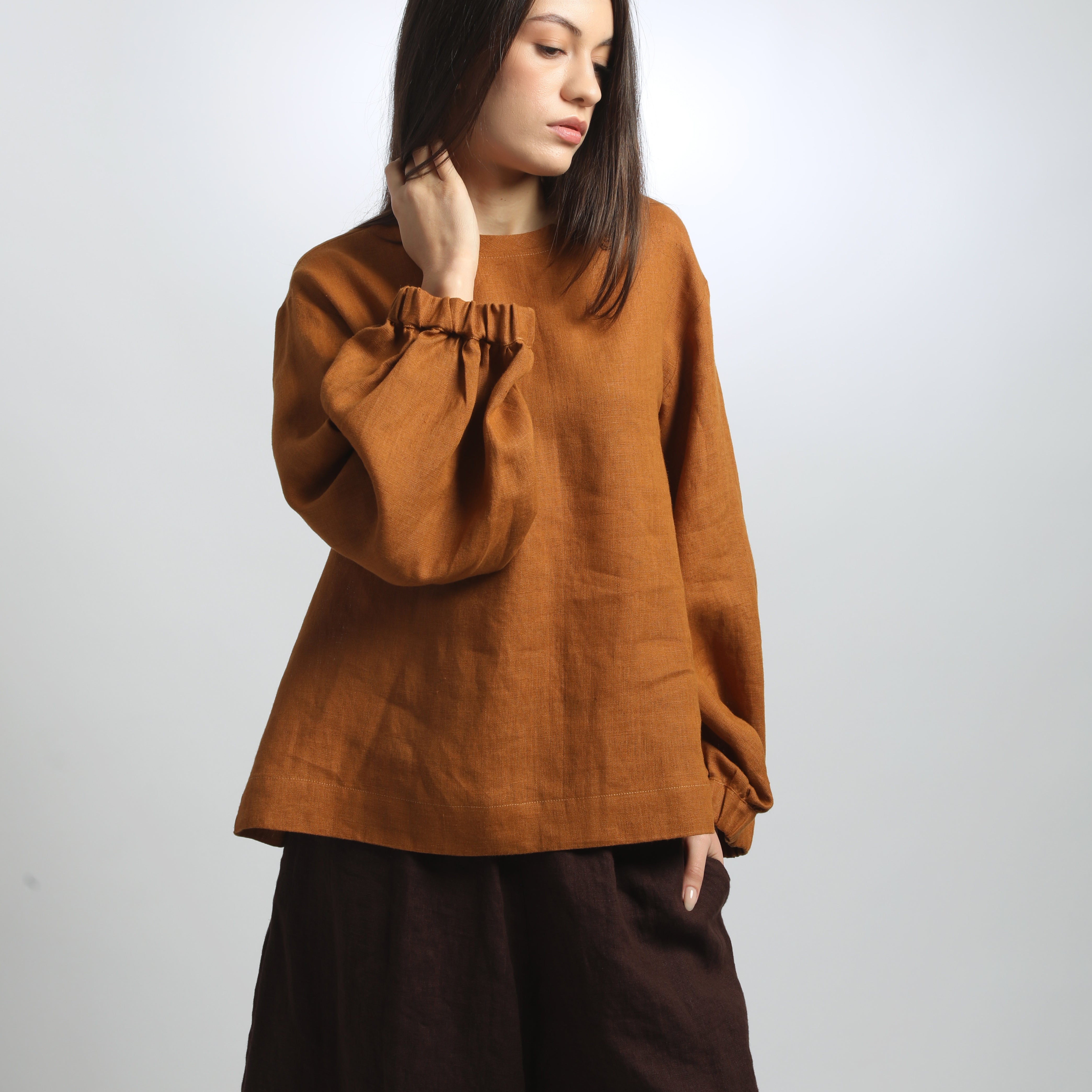 BOEMA Balloon Sleeve Linen Blouse, Sizes XS, S - Color CINNAMON