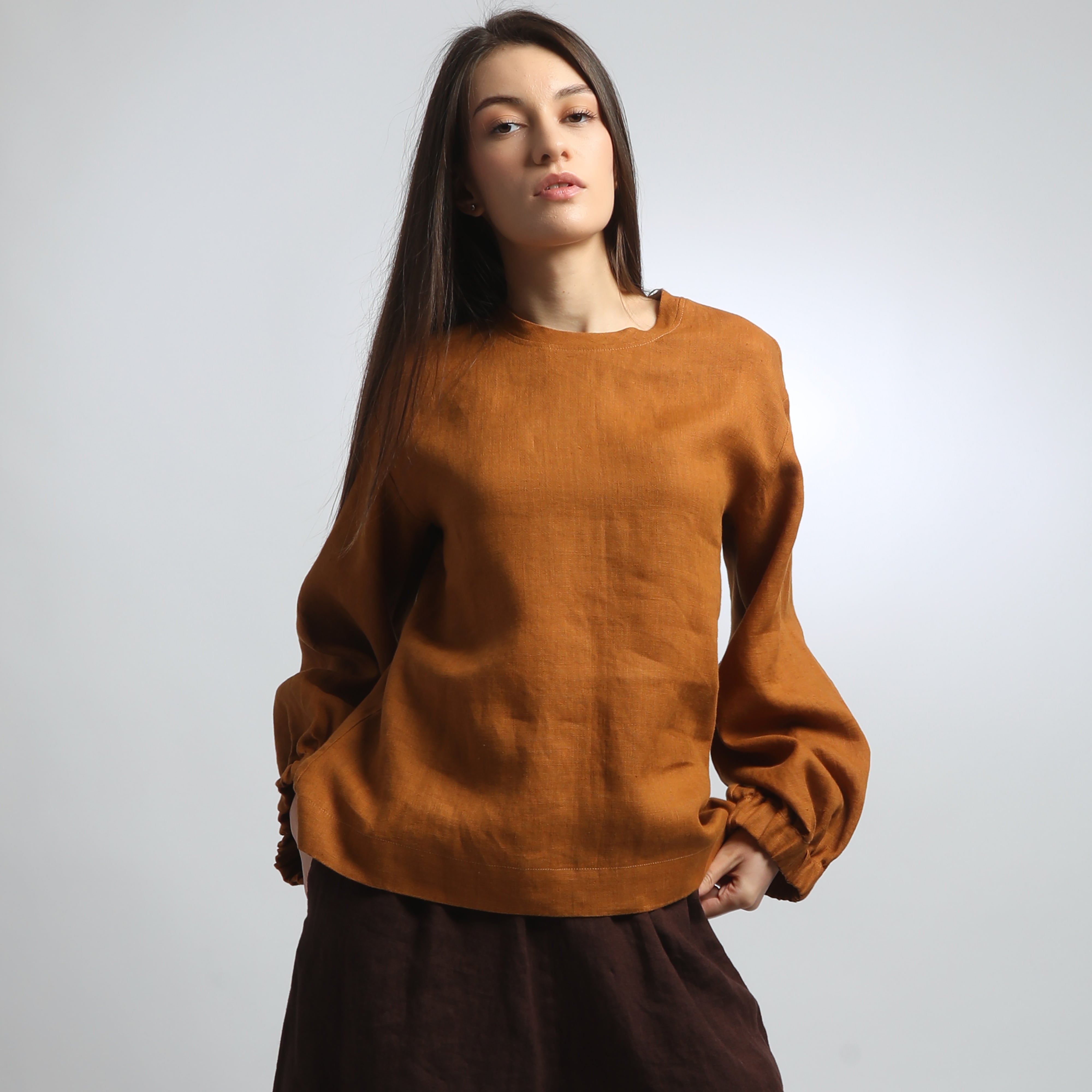BOEMA Balloon Sleeve Linen Blouse, Sizes XS, S - Color CINNAMON