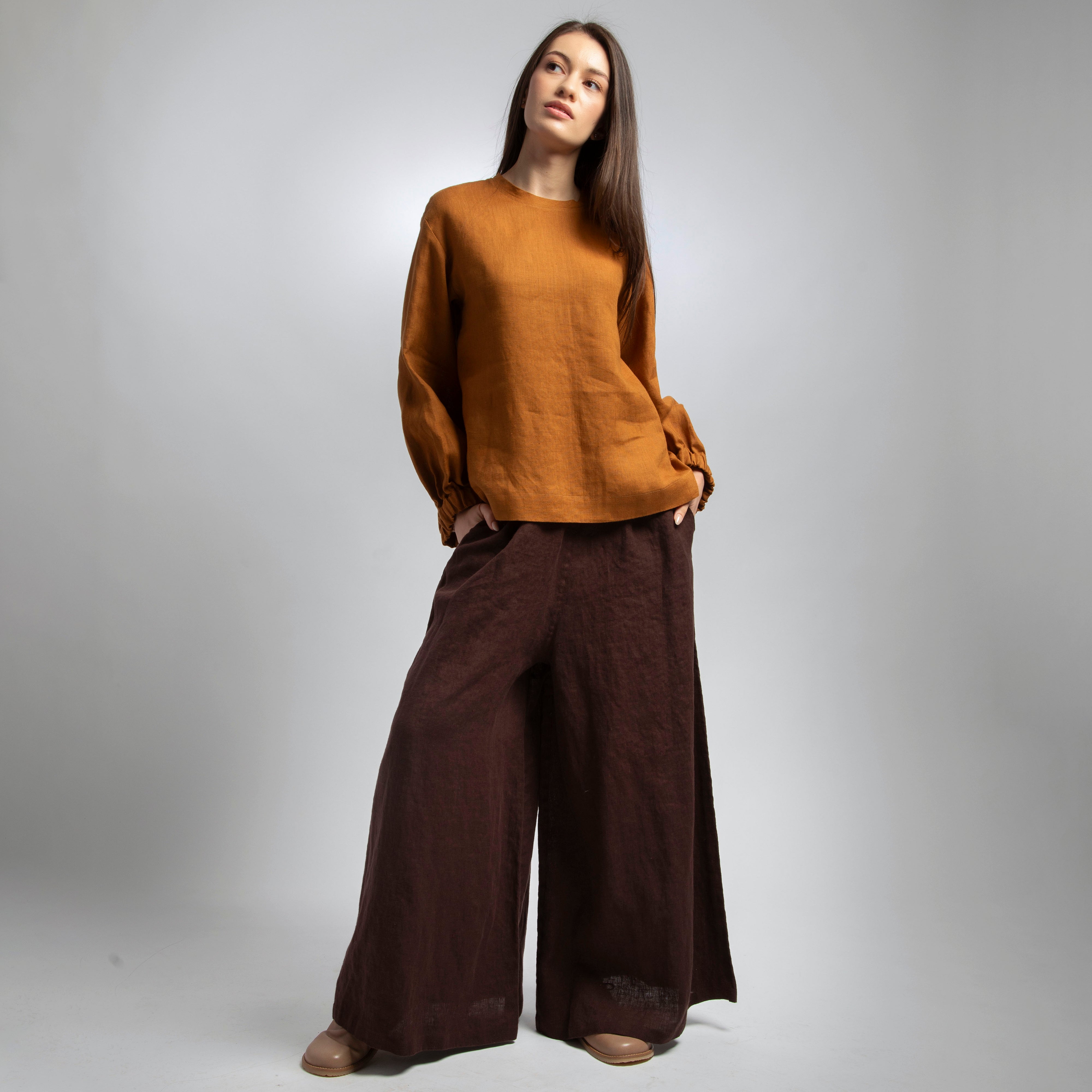 BOEMA Balloon Sleeve Linen Blouse, Sizes XS, S - Color CINNAMON