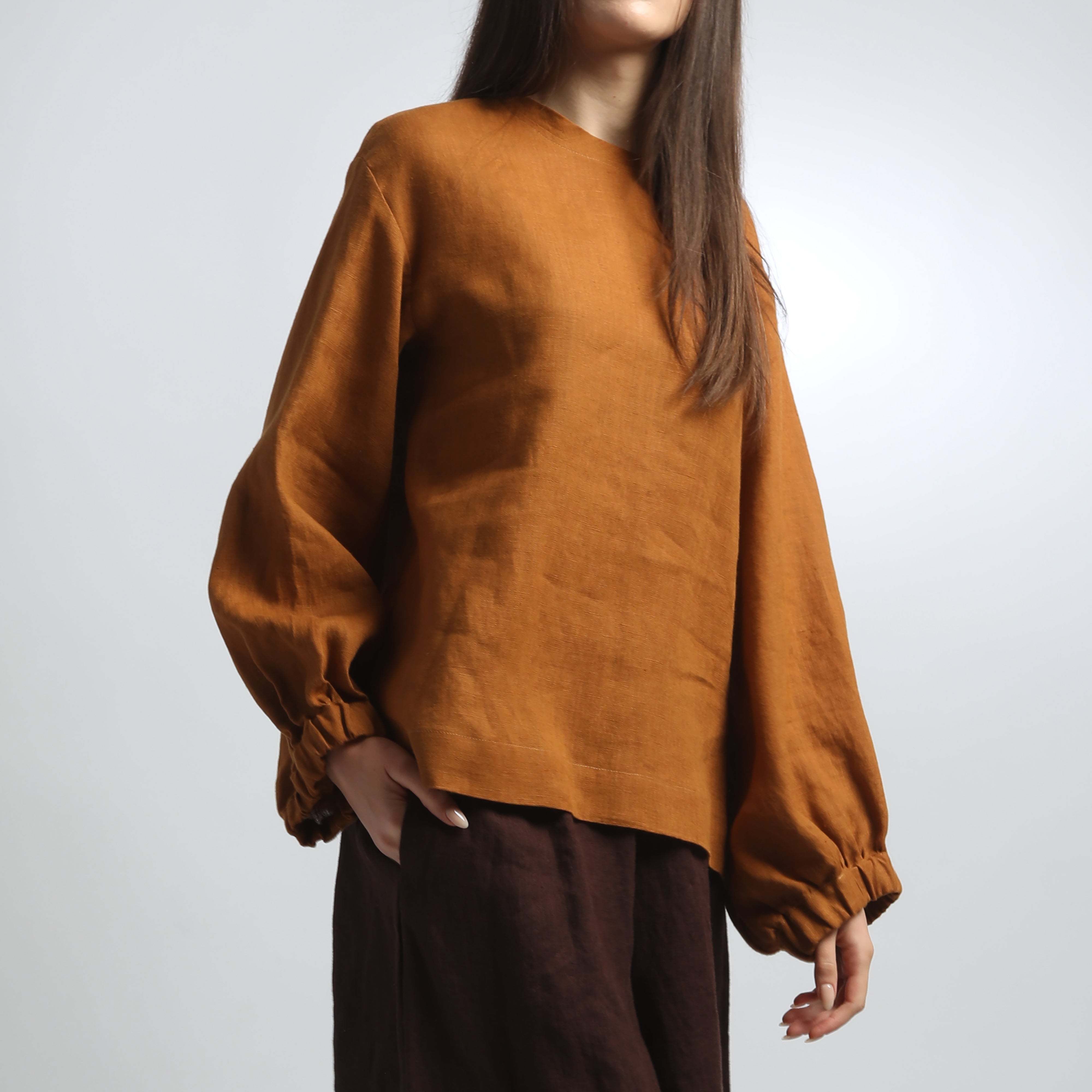 BOEMA Balloon Sleeve Linen Blouse, Sizes XS, S - Color CINNAMON
