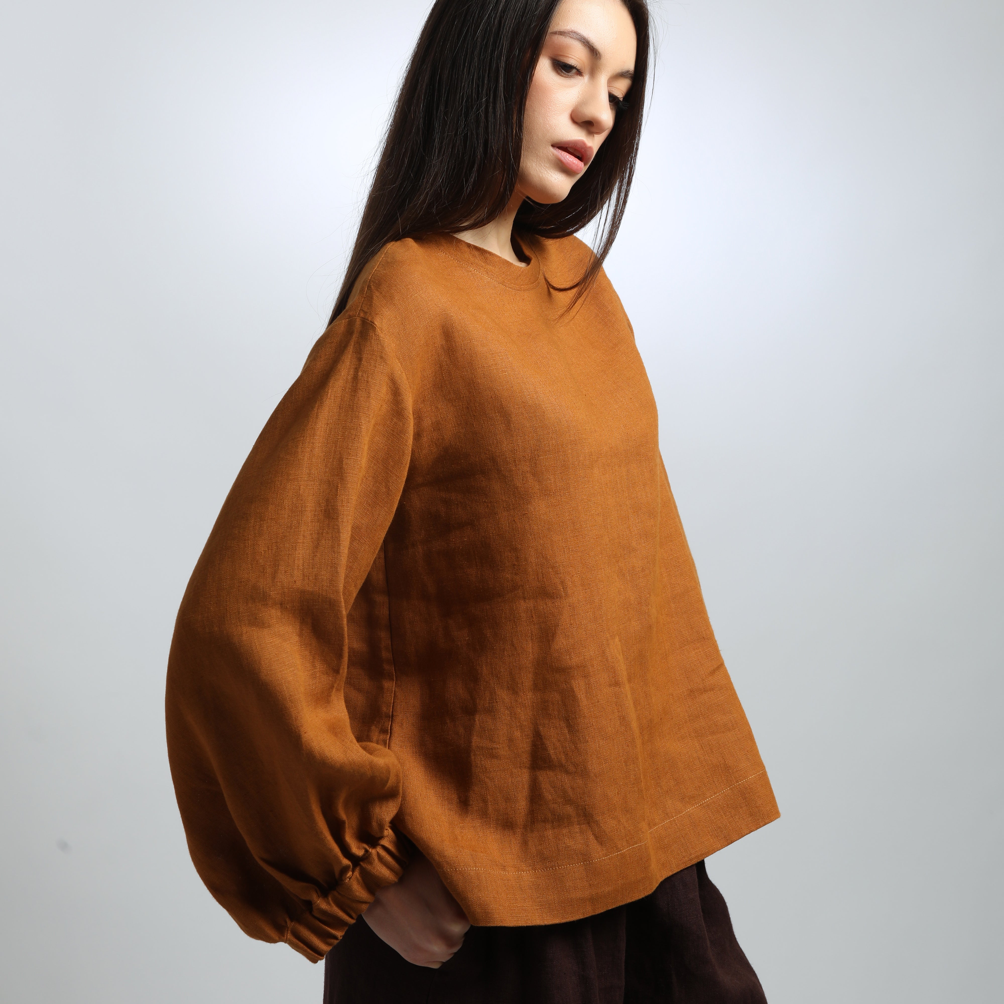 BOEMA Balloon Sleeve Linen Blouse, Sizes XS, S - Color CINNAMON