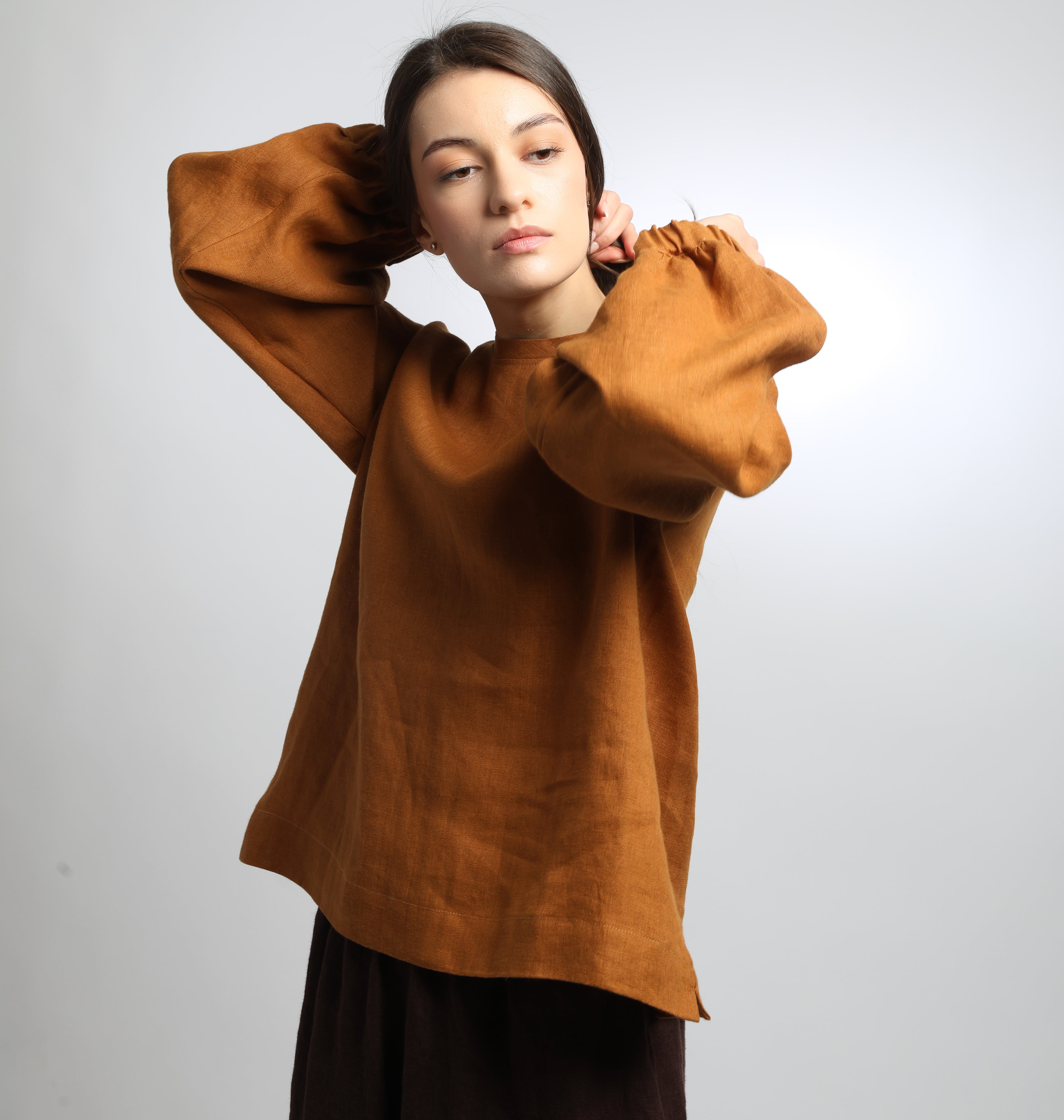 BOEMA Balloon Sleeve Linen Blouse, Sizes XS, S - Color CINNAMON