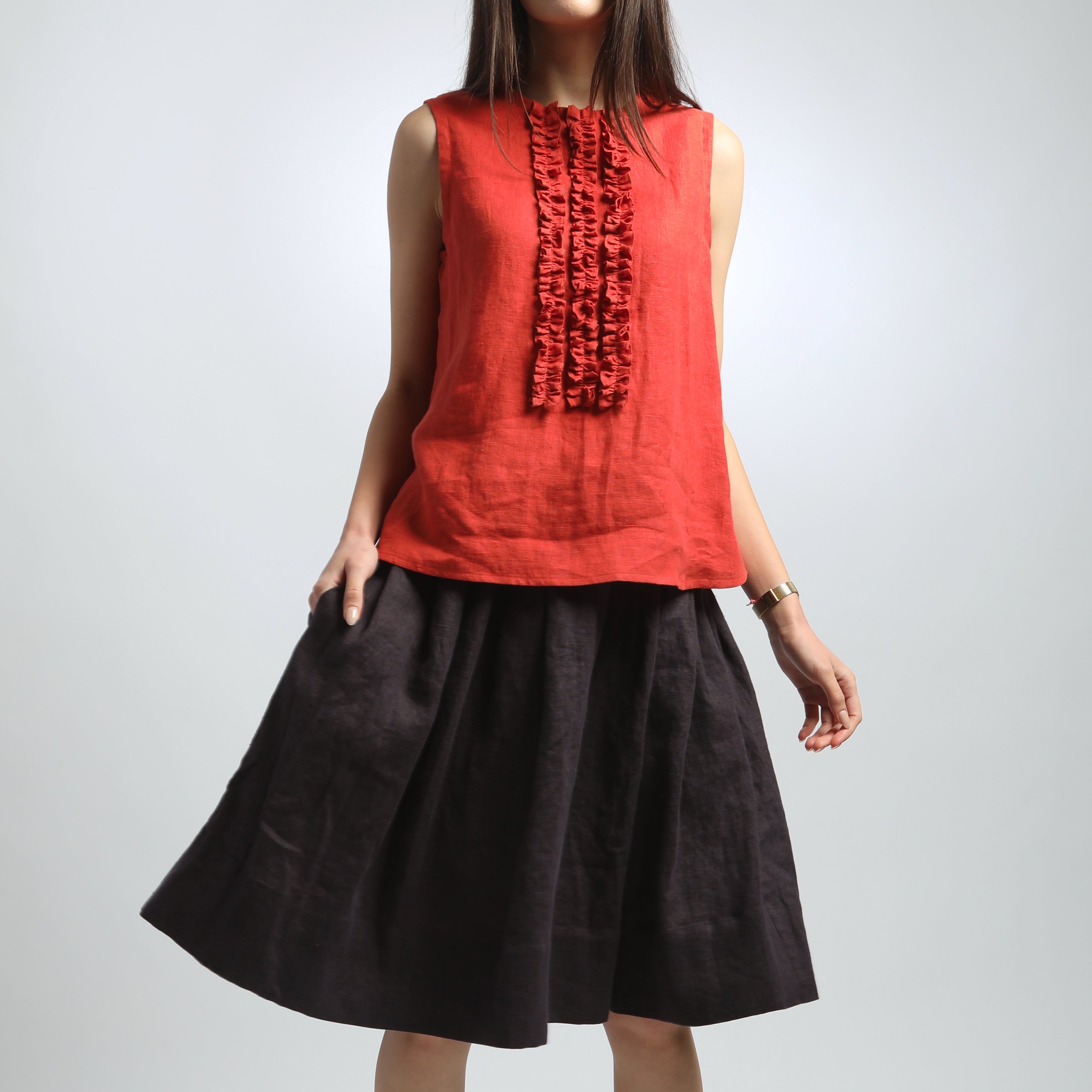 LOULOU Sleeveless Linen Top with Ruffle Accents