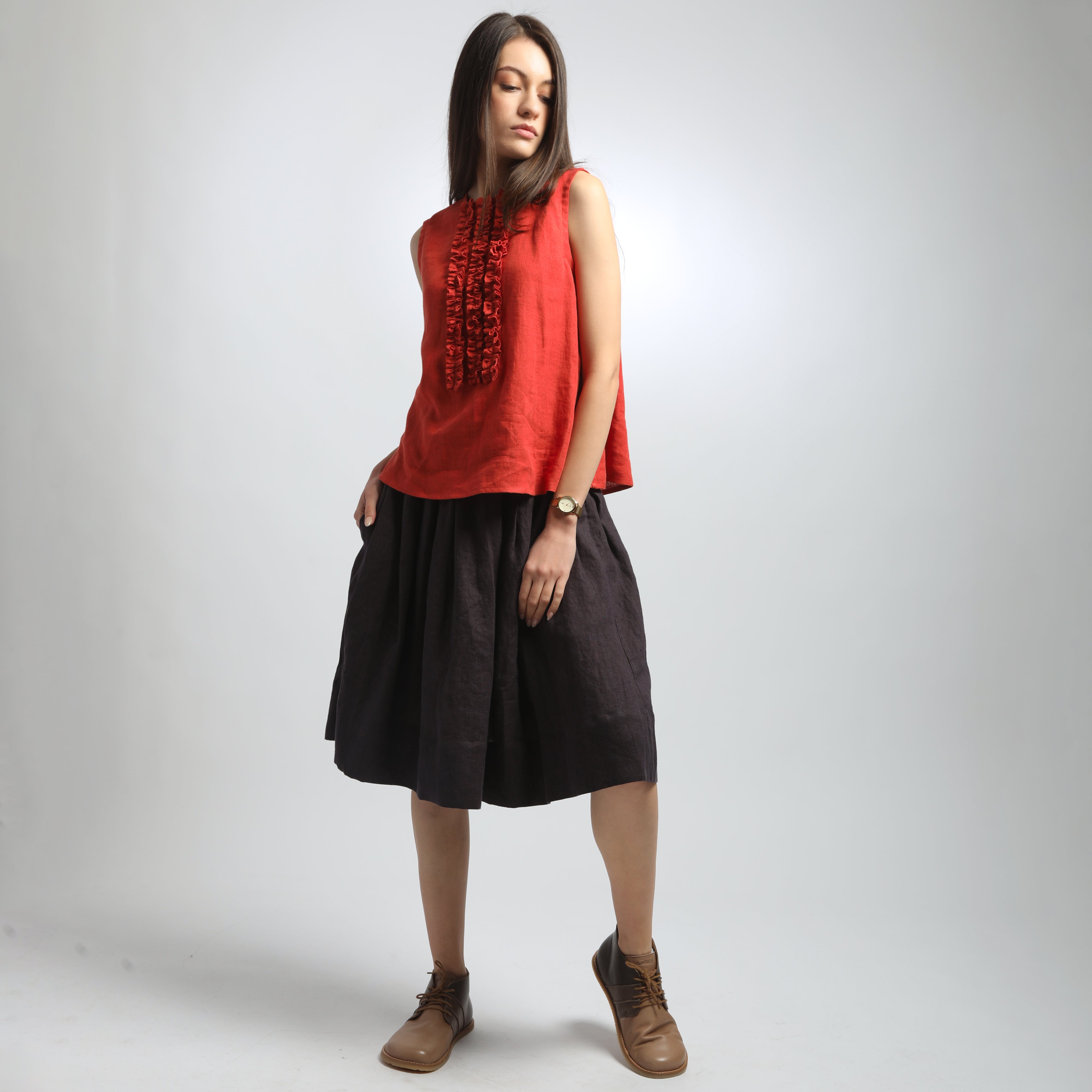 LOULOU Sleeveless Linen Top with Ruffle Accents