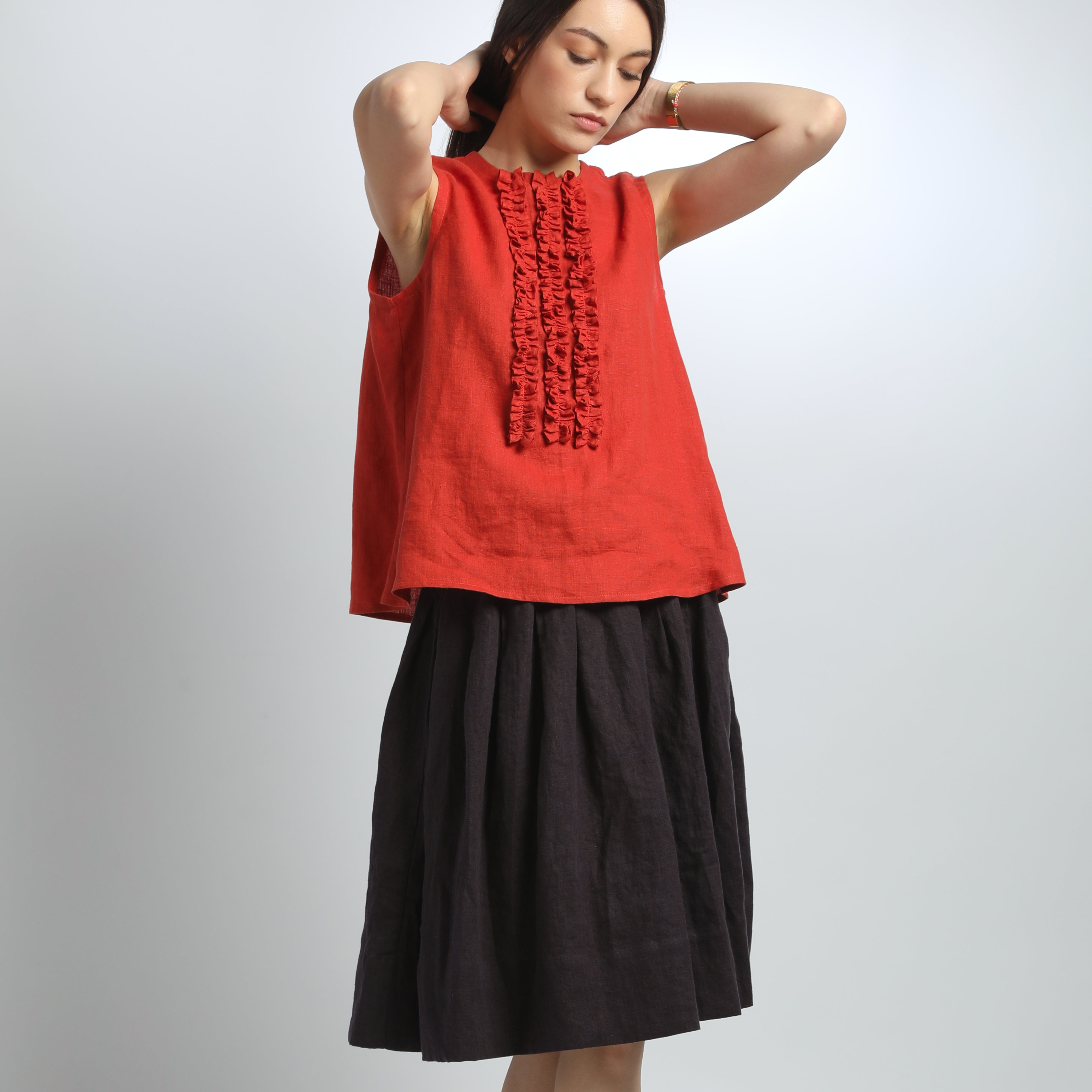 LOULOU Sleeveless Linen Top with Ruffle Accents