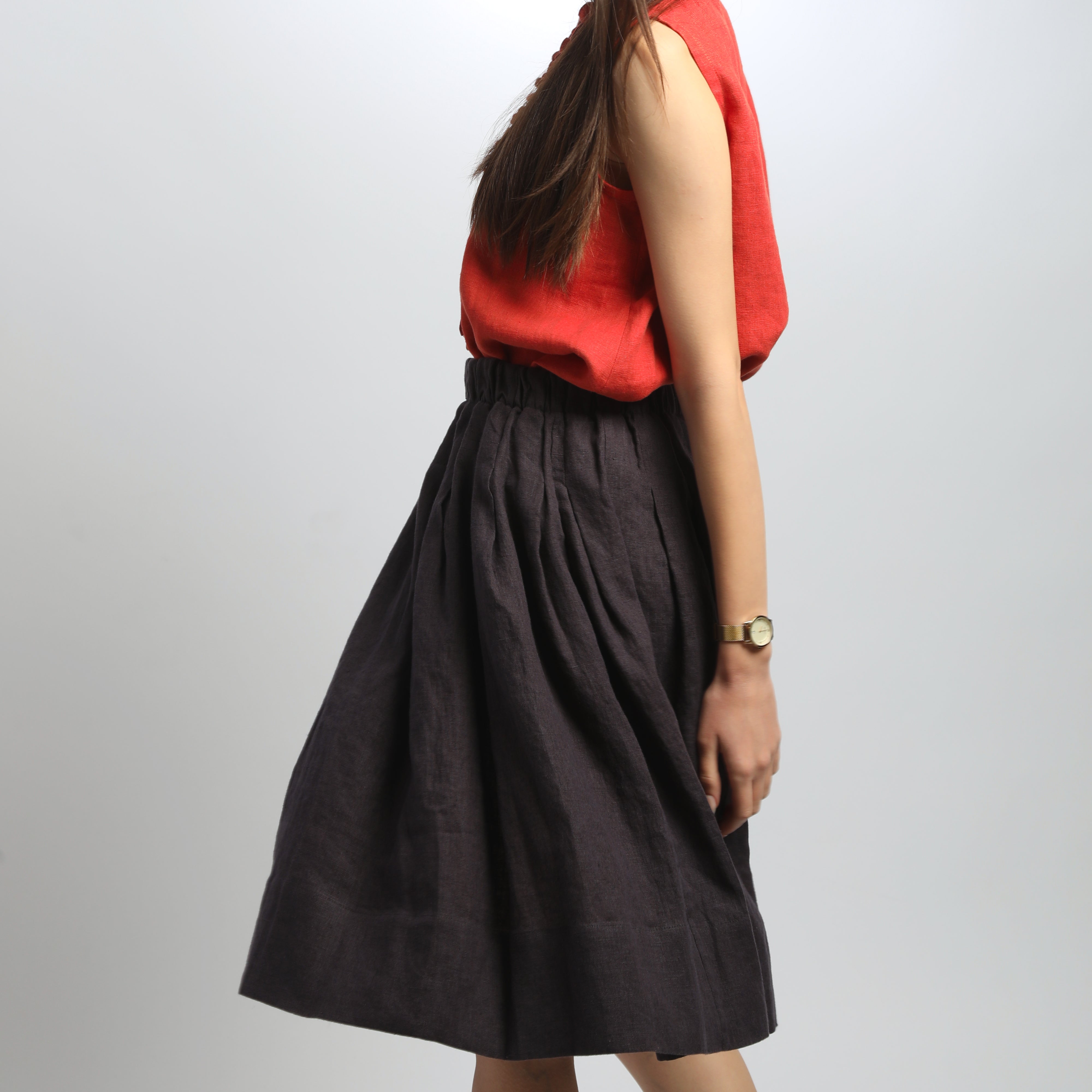 MIMI 2 Knee Length Pleated Linen Skirt