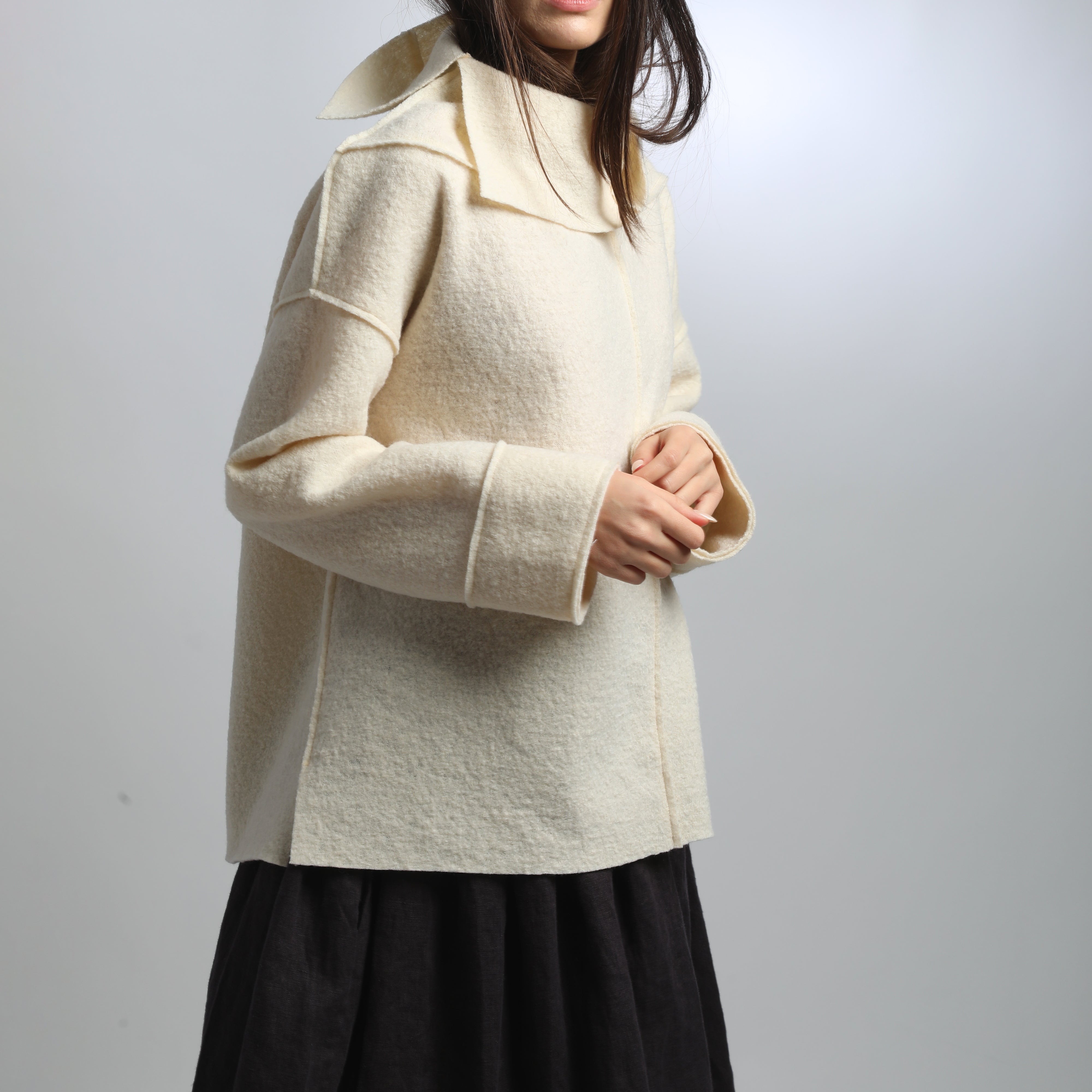JAMIE Loose Boiled Wool Sweater with High Split Collar