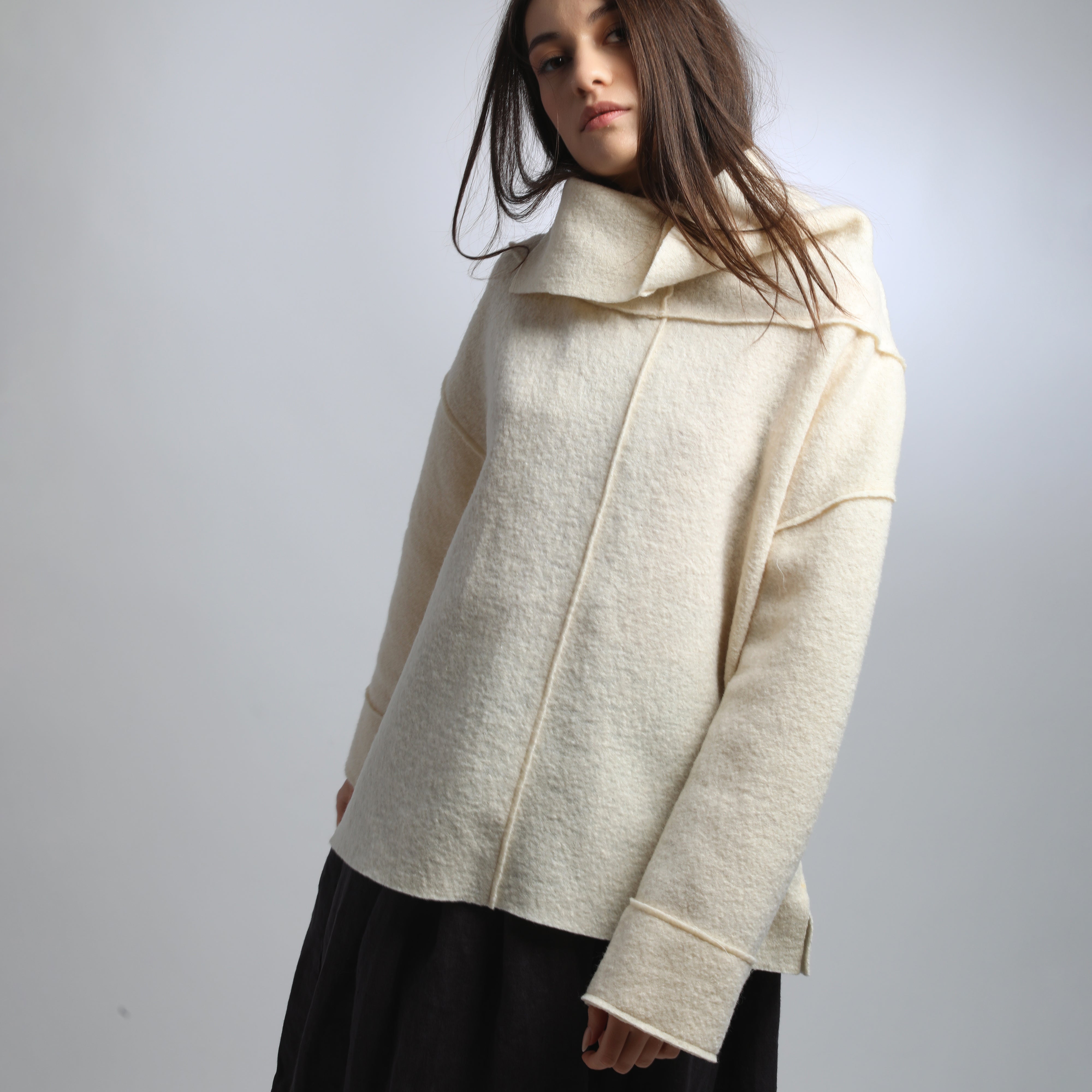 JAMIE Loose Boiled Wool Sweater with High Split Collar