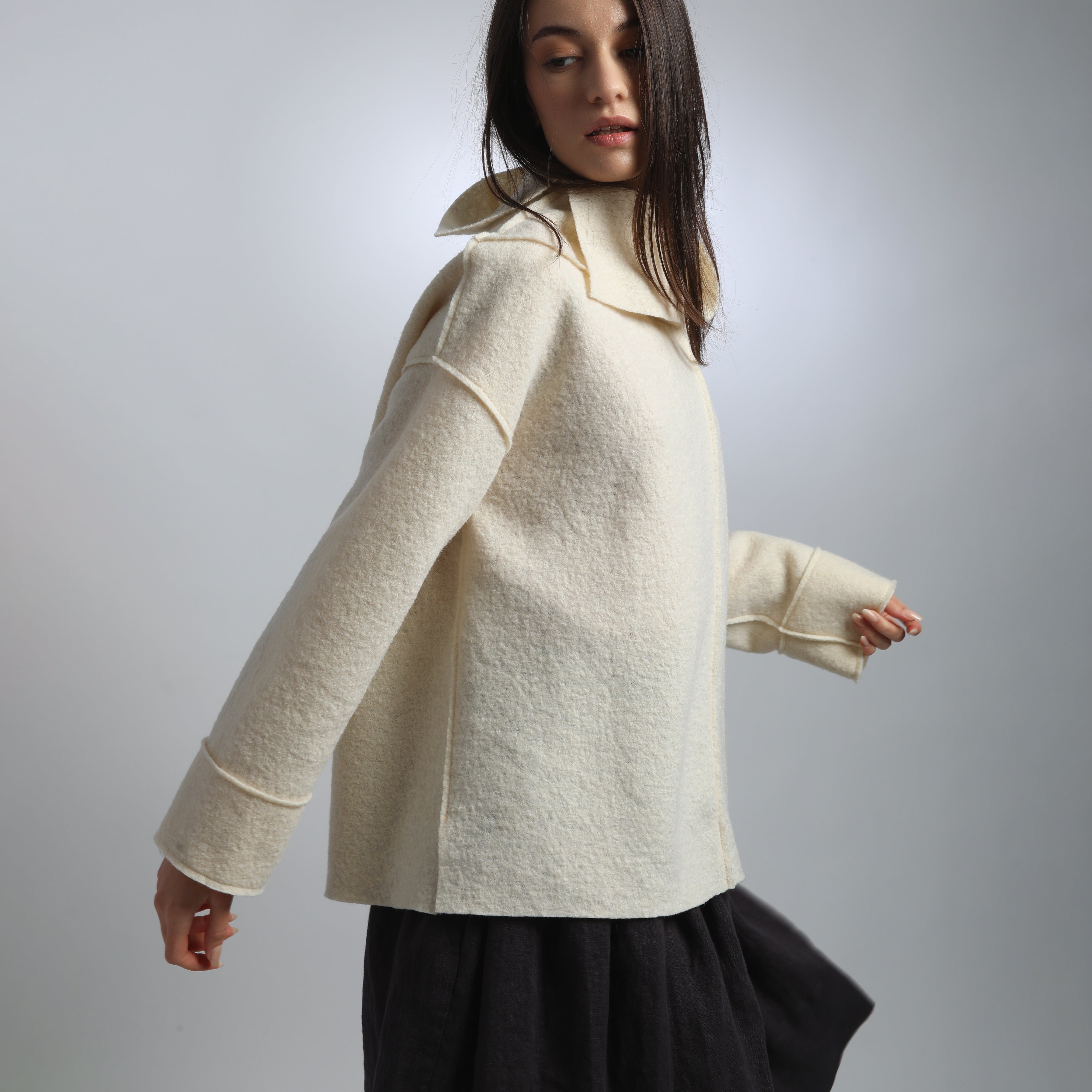 JAMIE Loose Boiled Wool Sweater with High Split Collar
