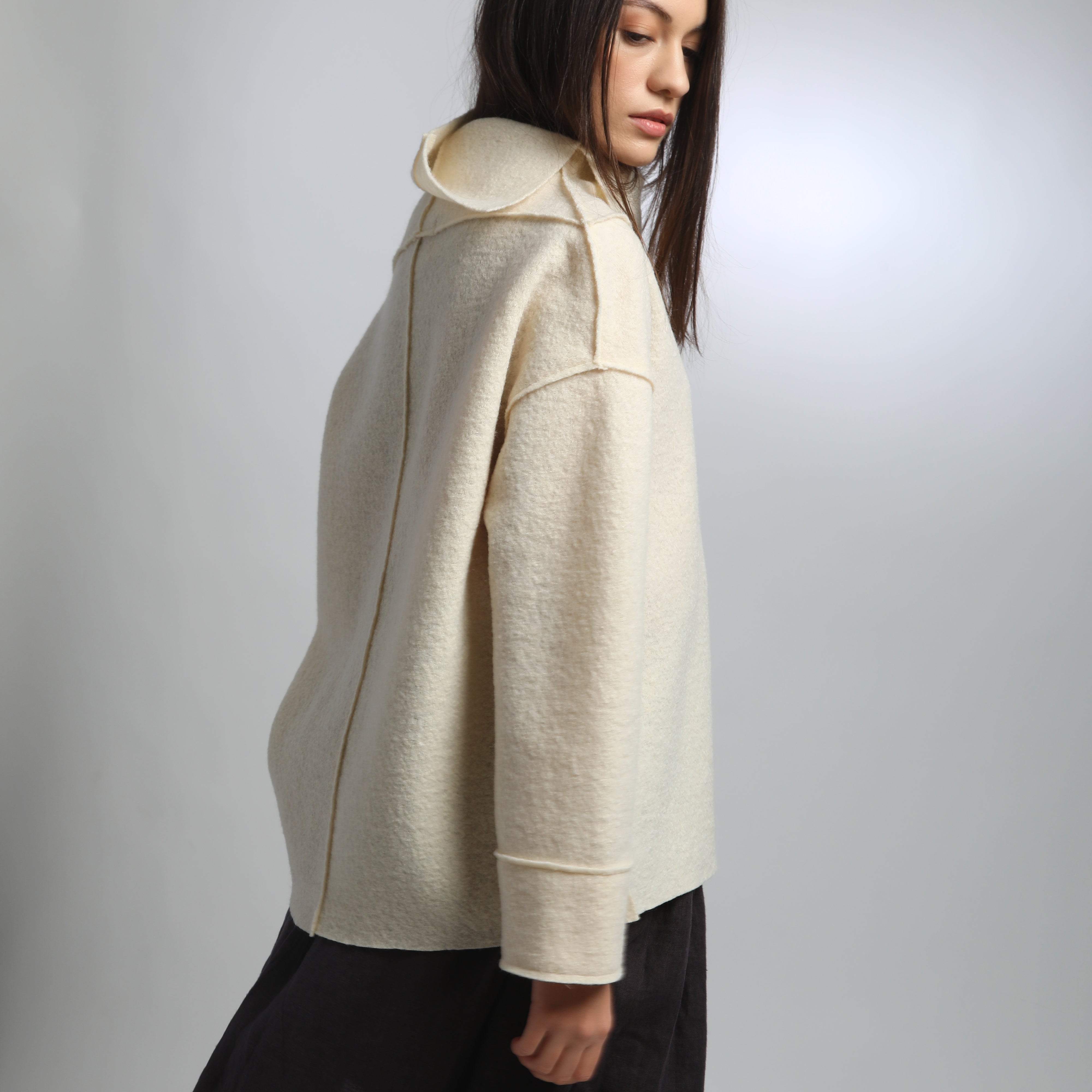 JAMIE Loose Boiled Wool Sweater with High Split Collar