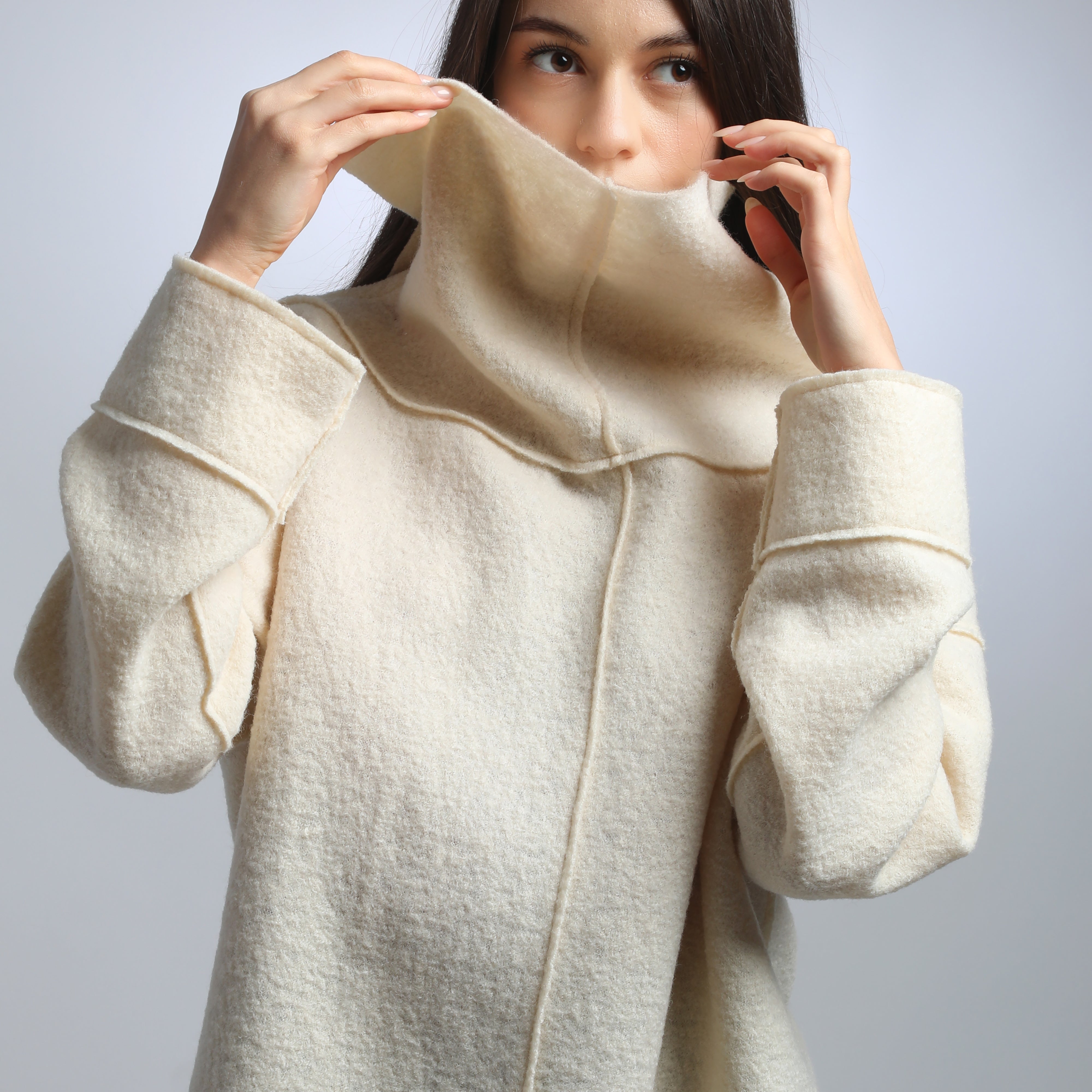 JAMIE Loose Boiled Wool Sweater with High Split Collar