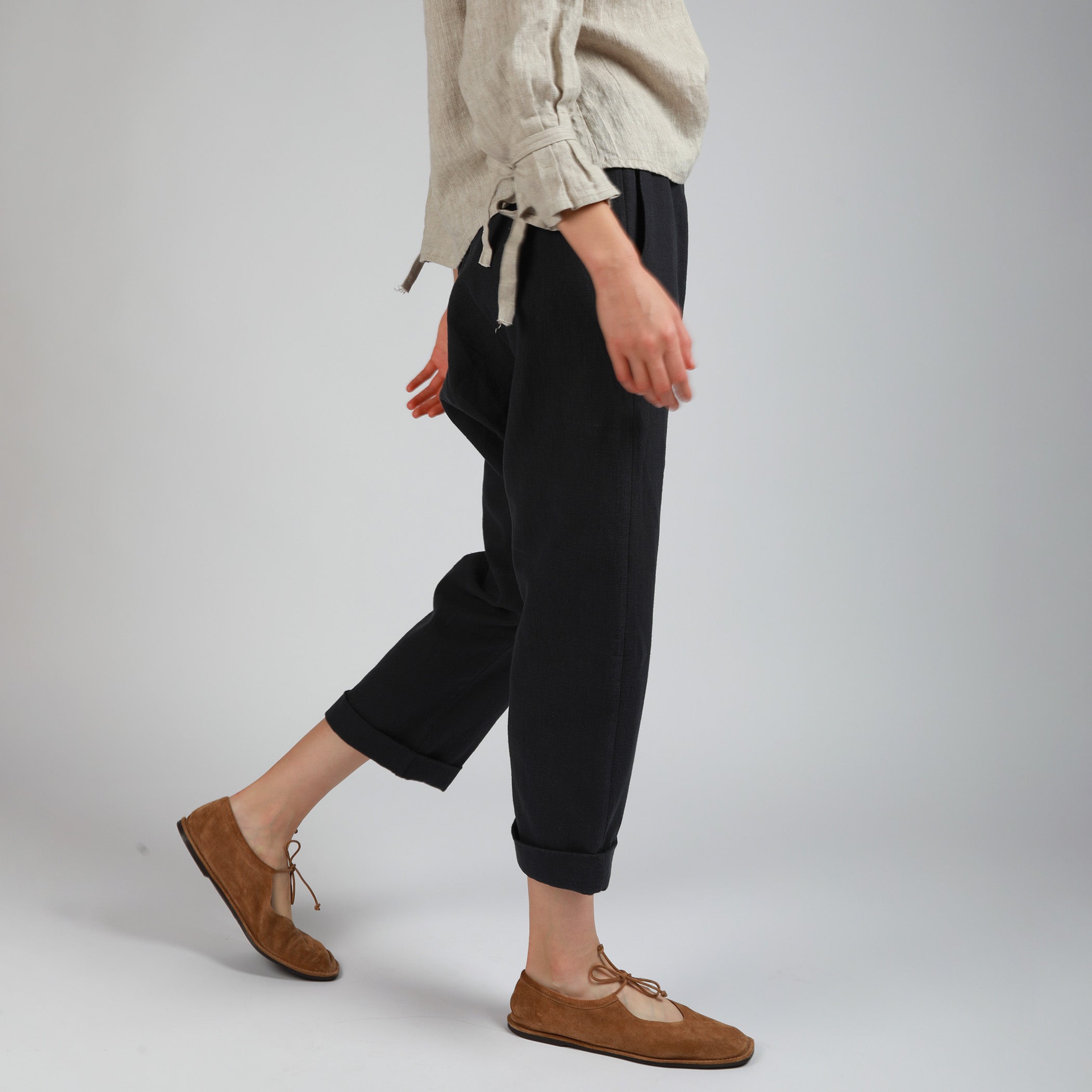 YUNA Drop Crotch Relaxed Linen Pants, Size S, Color NAVY 250gsm