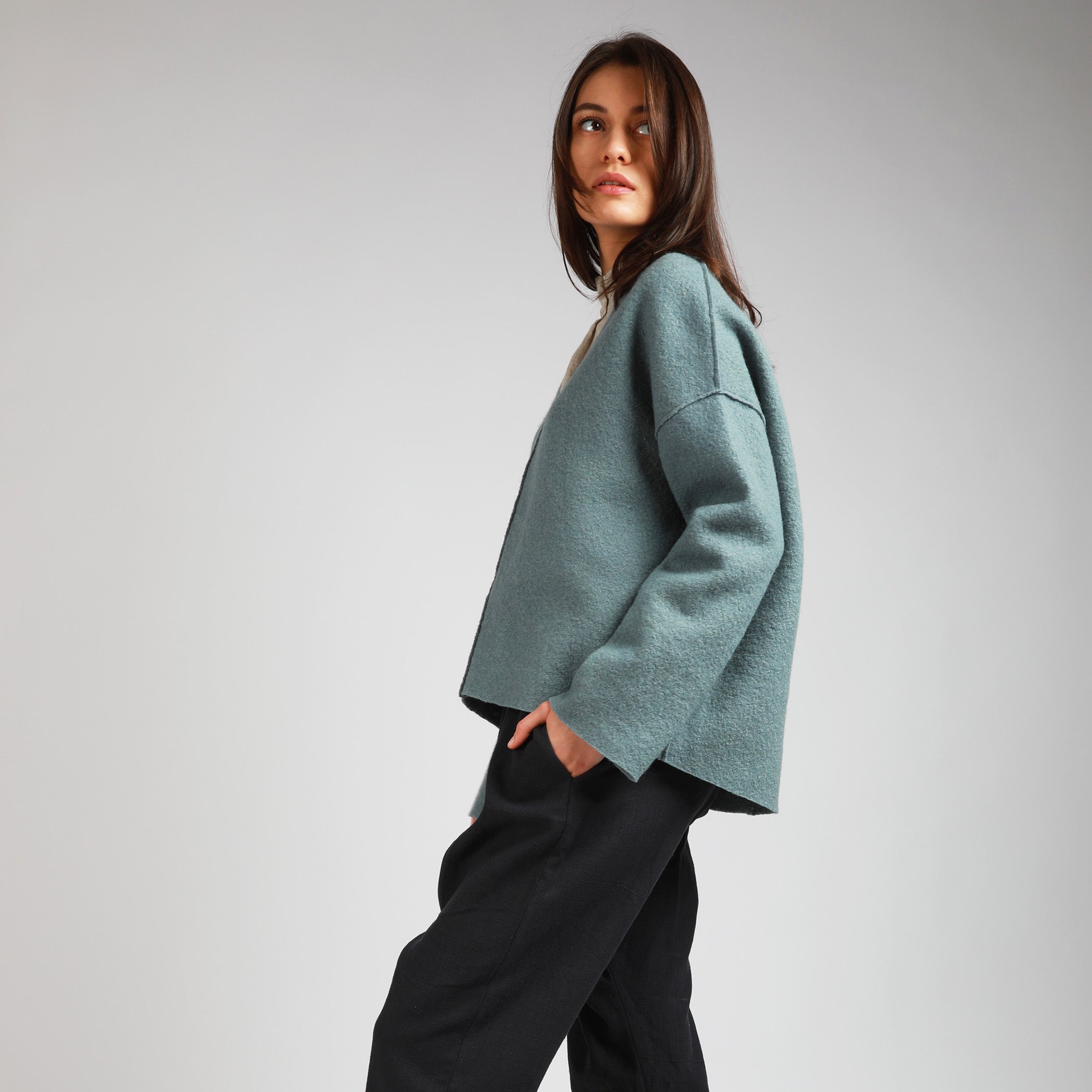 LINA Oversized Boiled Wool Jumper, Size S, Color GRAYISH MINT
