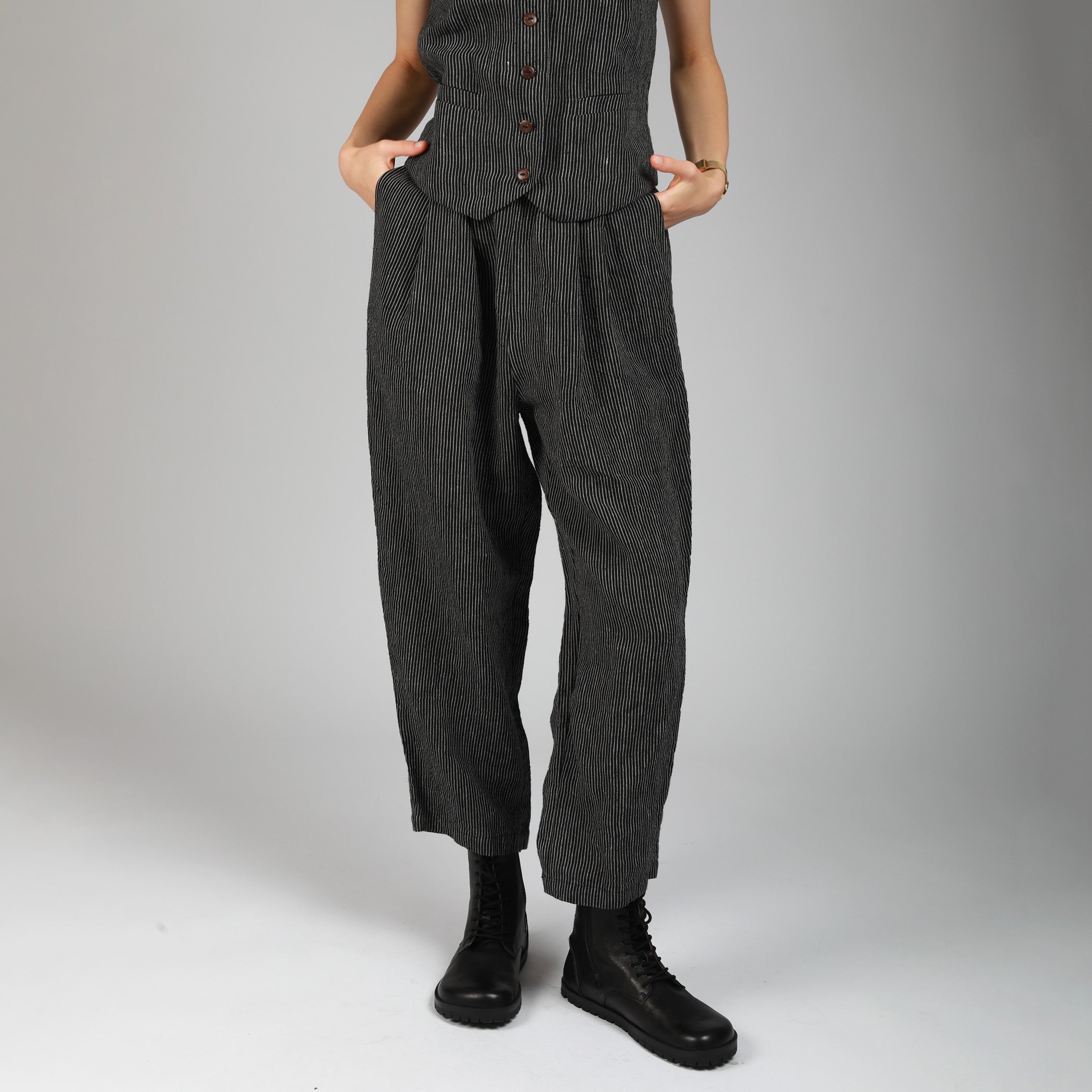 ETTA Paperbag Style Pull On Linen Trousers, Size S, Color EGGPLANT