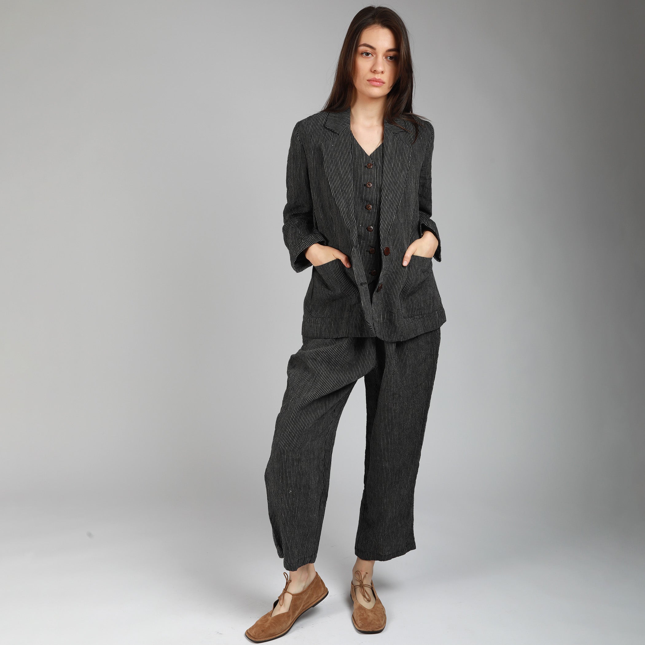 ETTA Paperbag Style Pull On Linen Trousers, Size S, Color EGGPLANT