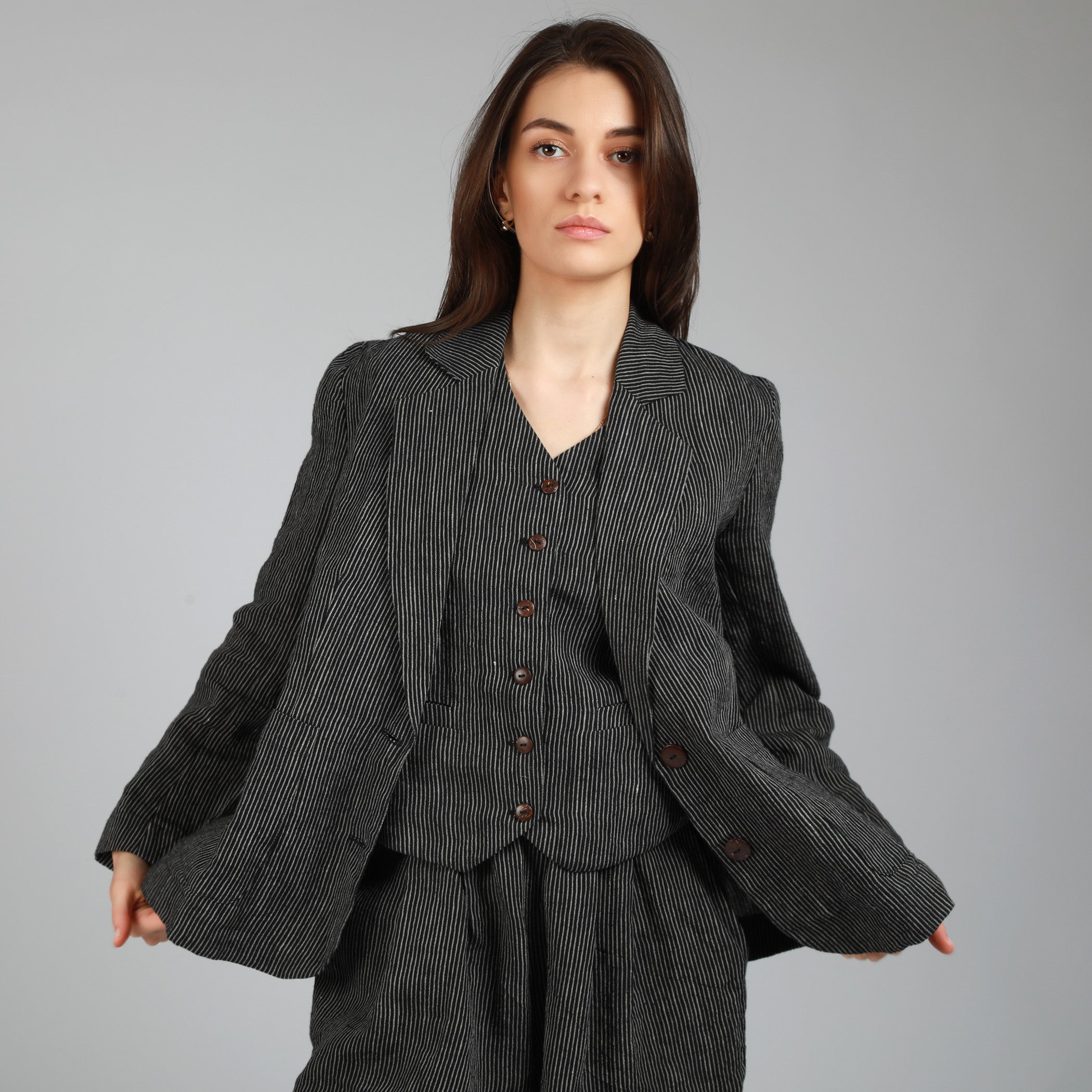 SUNSET Unlined Fitted Linen Blazer, Size XS, Color BLACK STRIPES