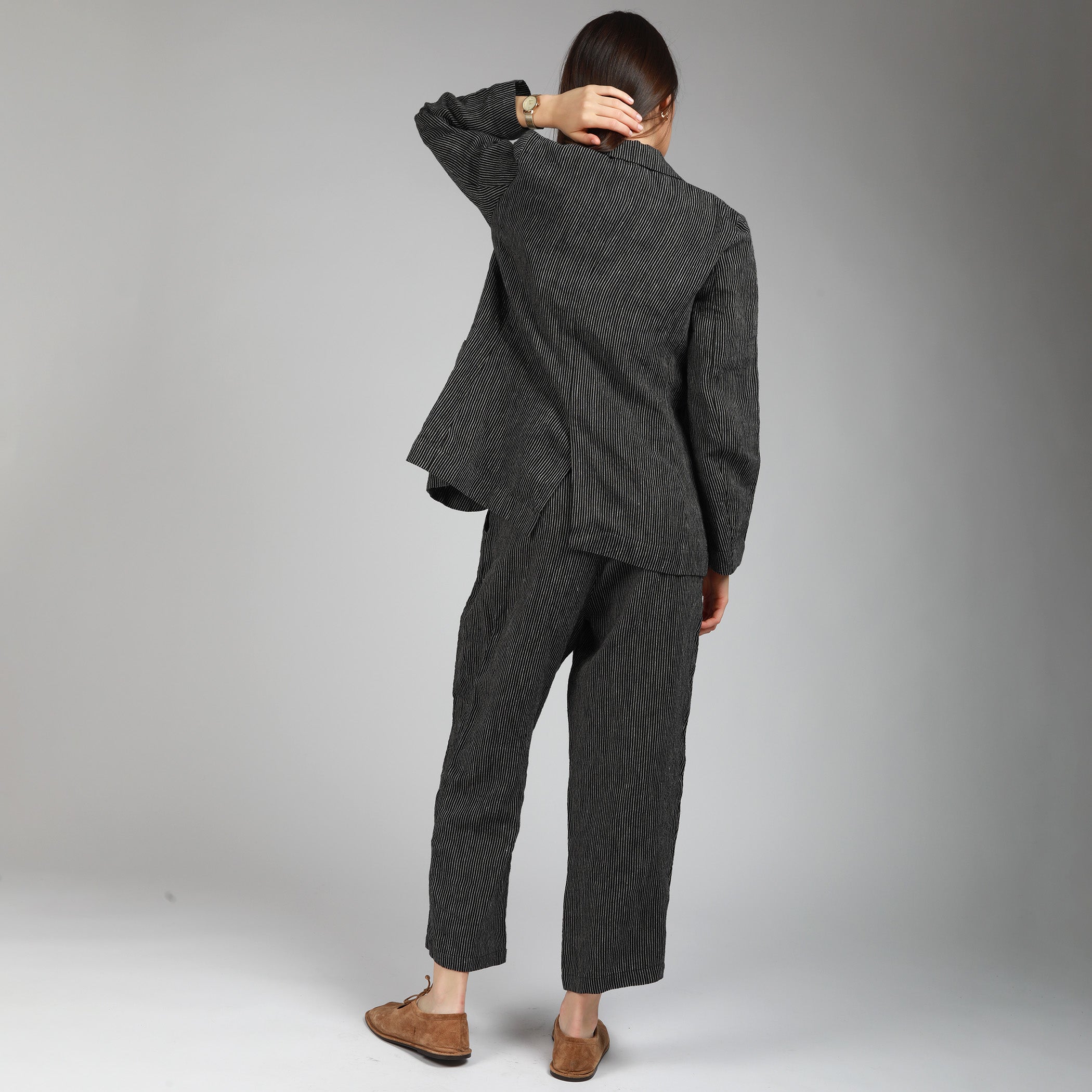 SUNSET Unlined Fitted Linen Blazer, Size XS, Color BLACK STRIPES