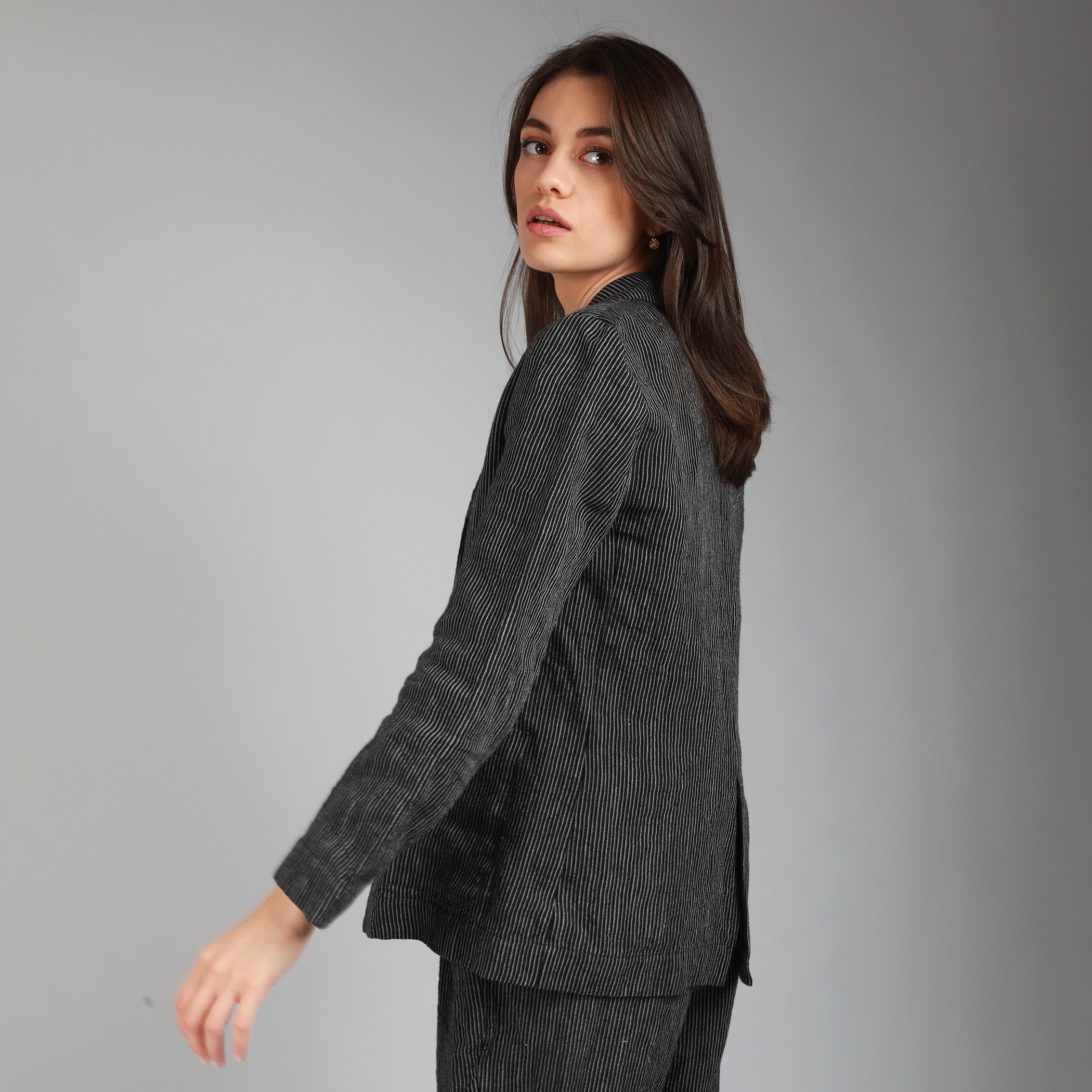 SUNSET Unlined Fitted Linen Blazer, Size XS, Color BLACK STRIPES