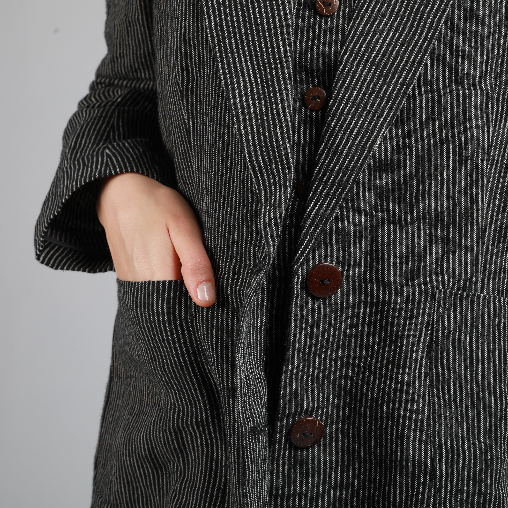 SUNSET Unlined Fitted Linen Blazer, Size XS, Color BLACK STRIPES