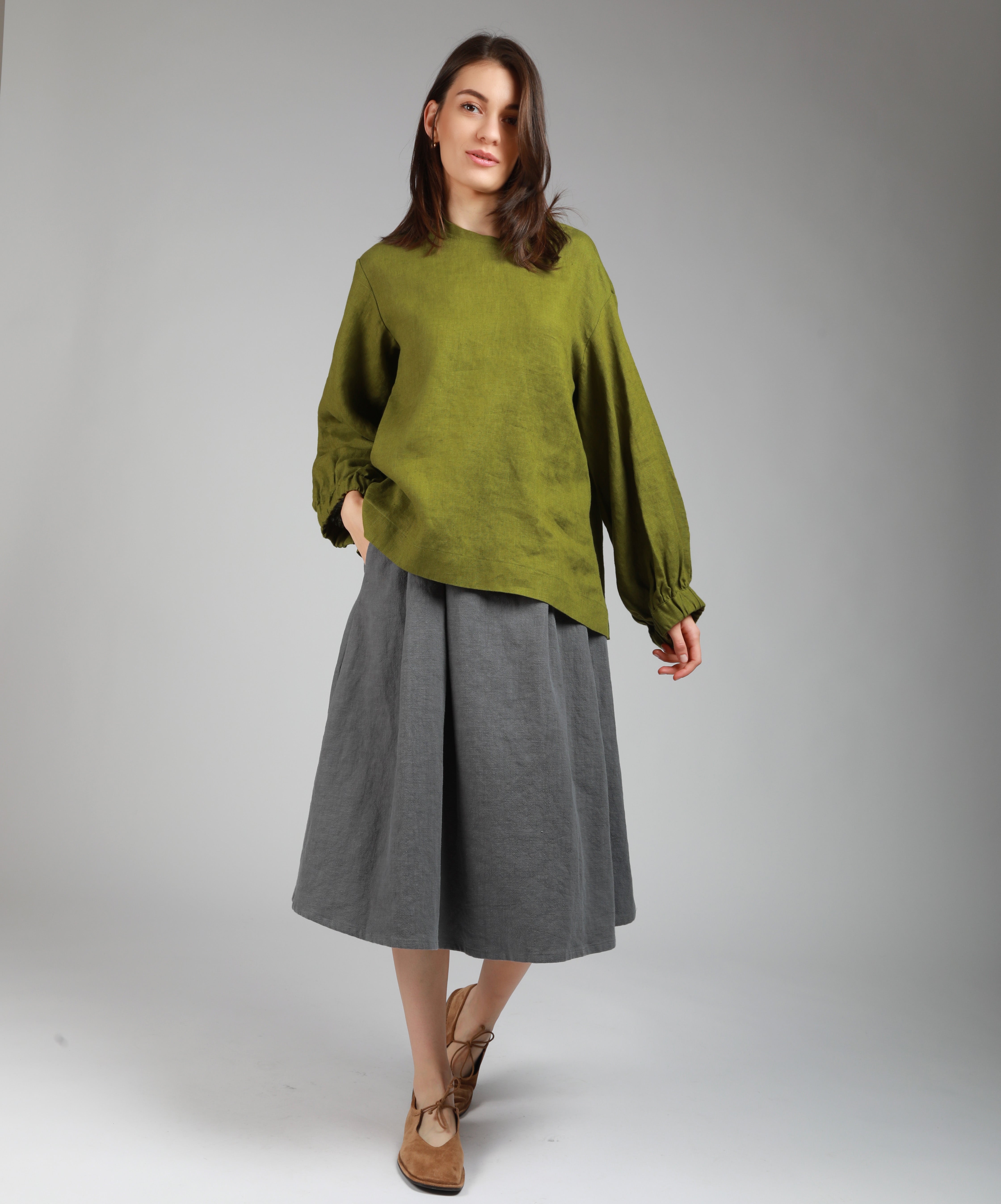 BOEMA Balloon Sleeve Linen Blouse, Sizes XS, S - Color APPLE GREEN