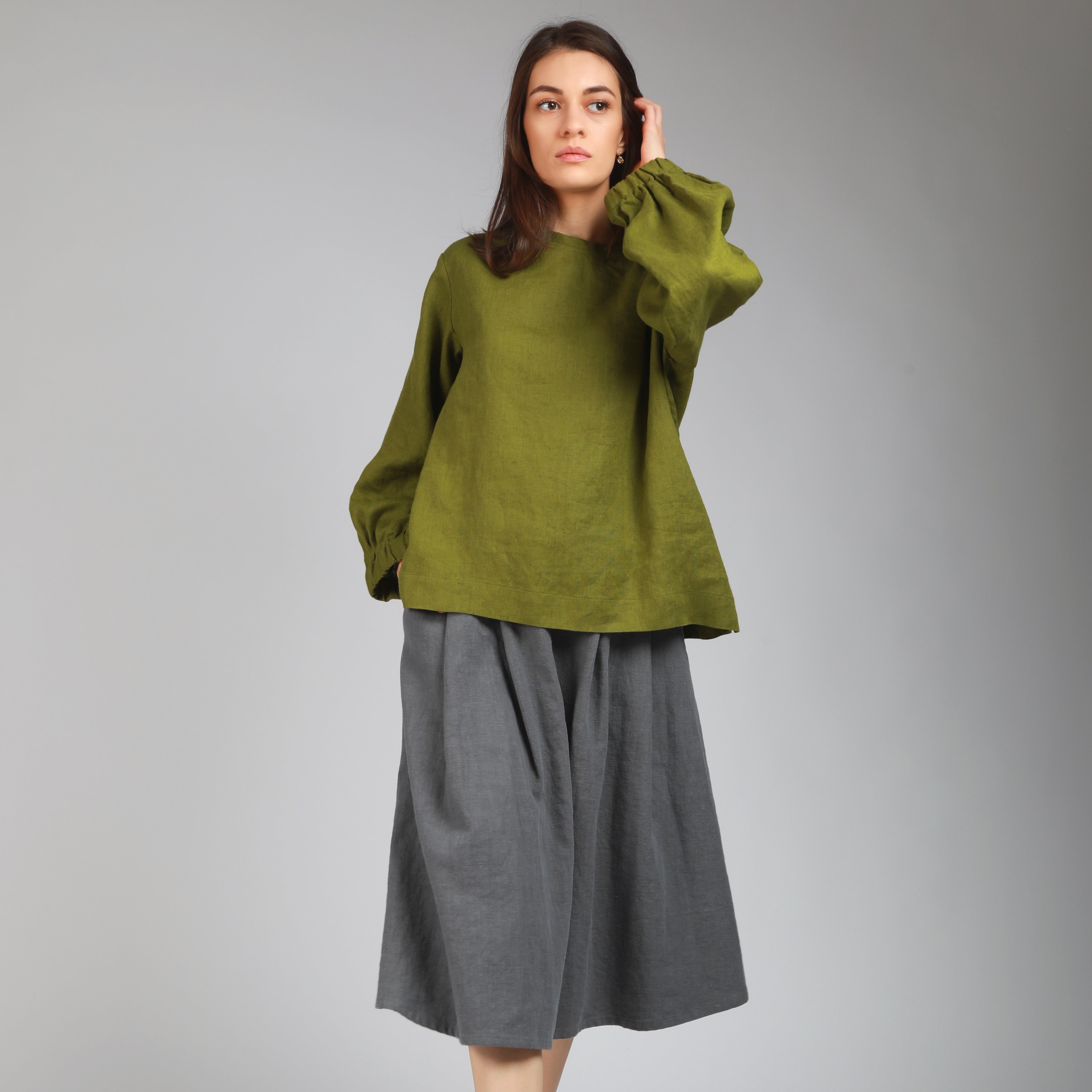 BOEMA Balloon Sleeve Linen Blouse, Sizes XS, S - Color APPLE GREEN