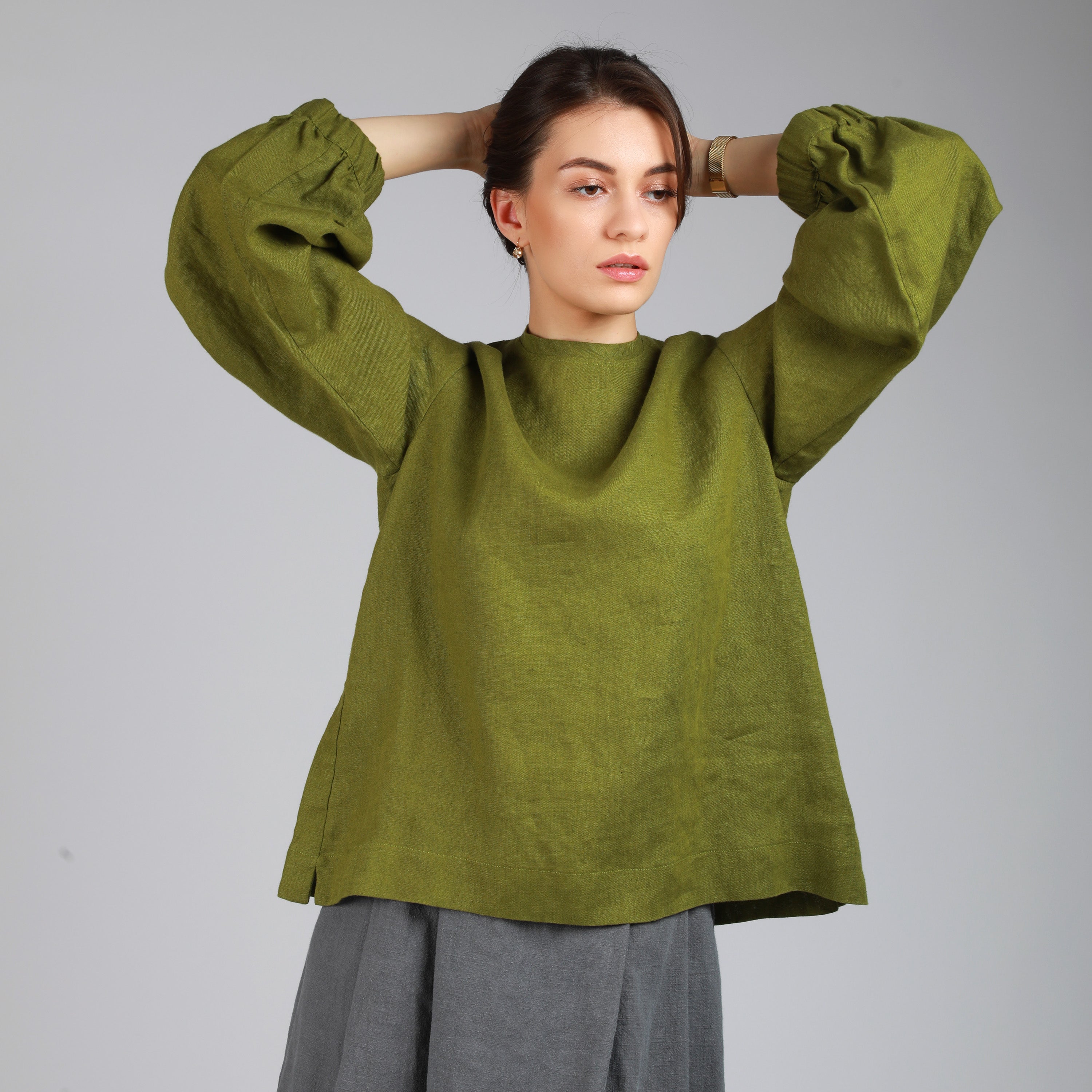 BOEMA Balloon Sleeve Linen Blouse, Sizes XS, S - Color APPLE GREEN