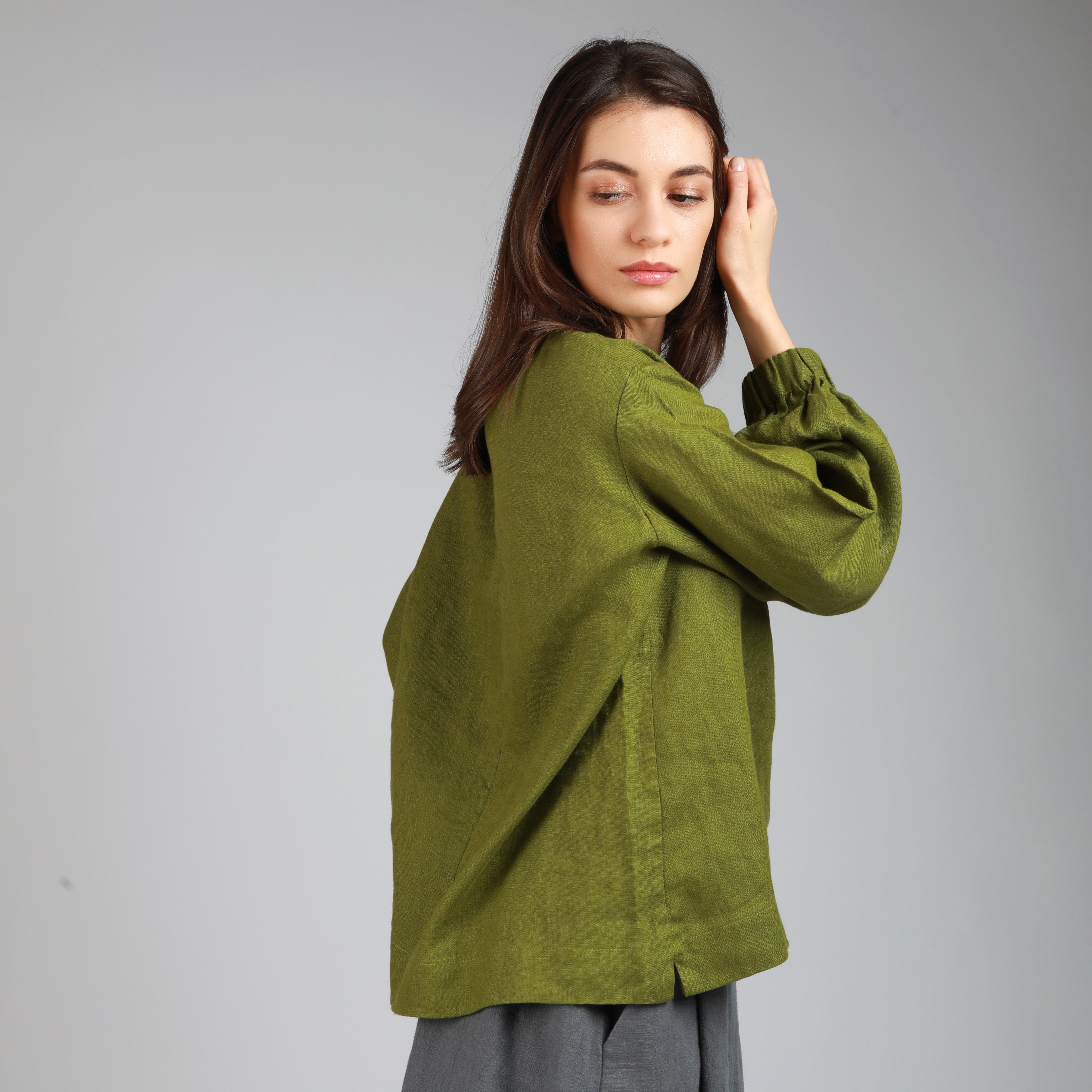 BOEMA Balloon Sleeve Linen Blouse, Sizes XS, S - Color APPLE GREEN