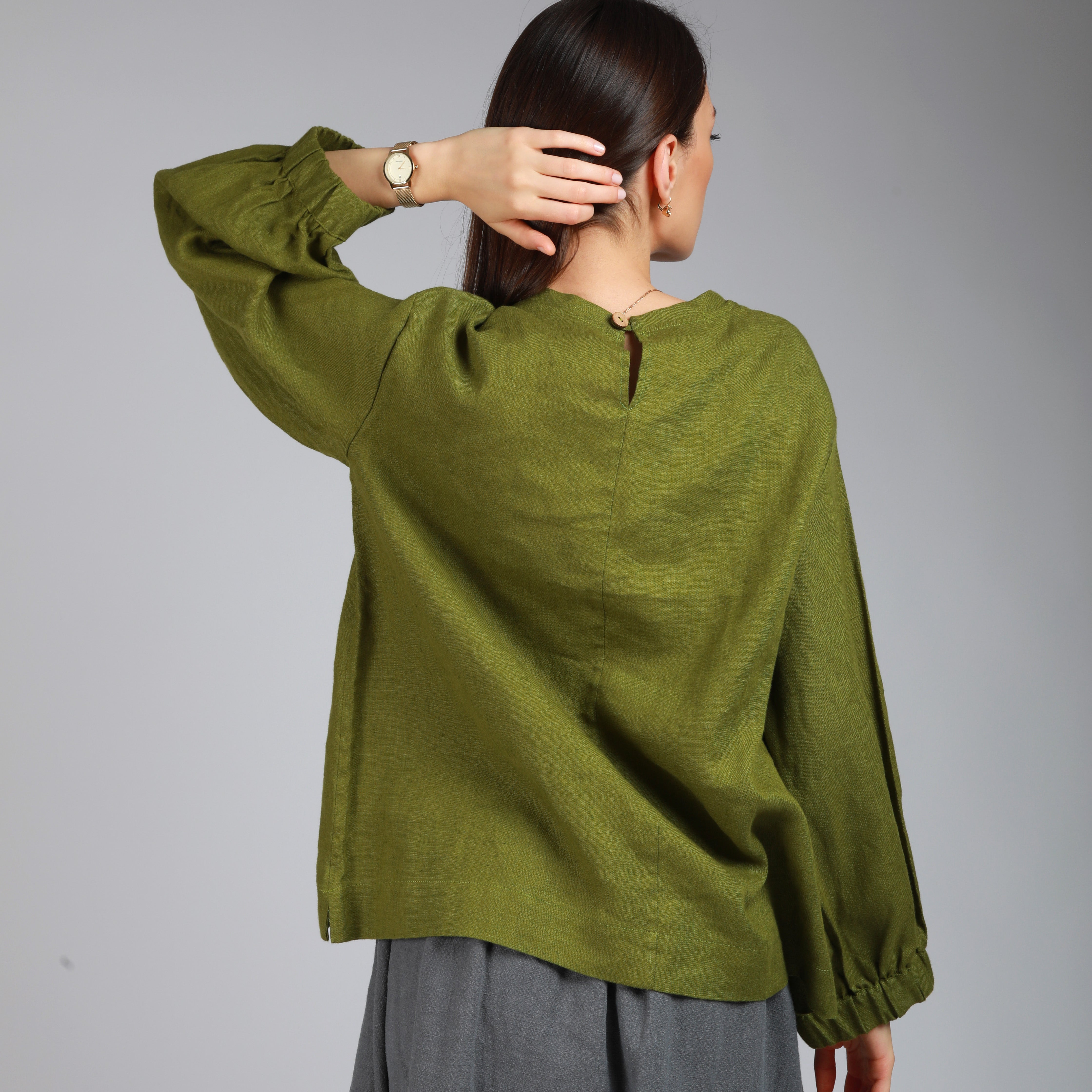 BOEMA Balloon Sleeve Linen Blouse, Sizes XS, S - Color APPLE GREEN