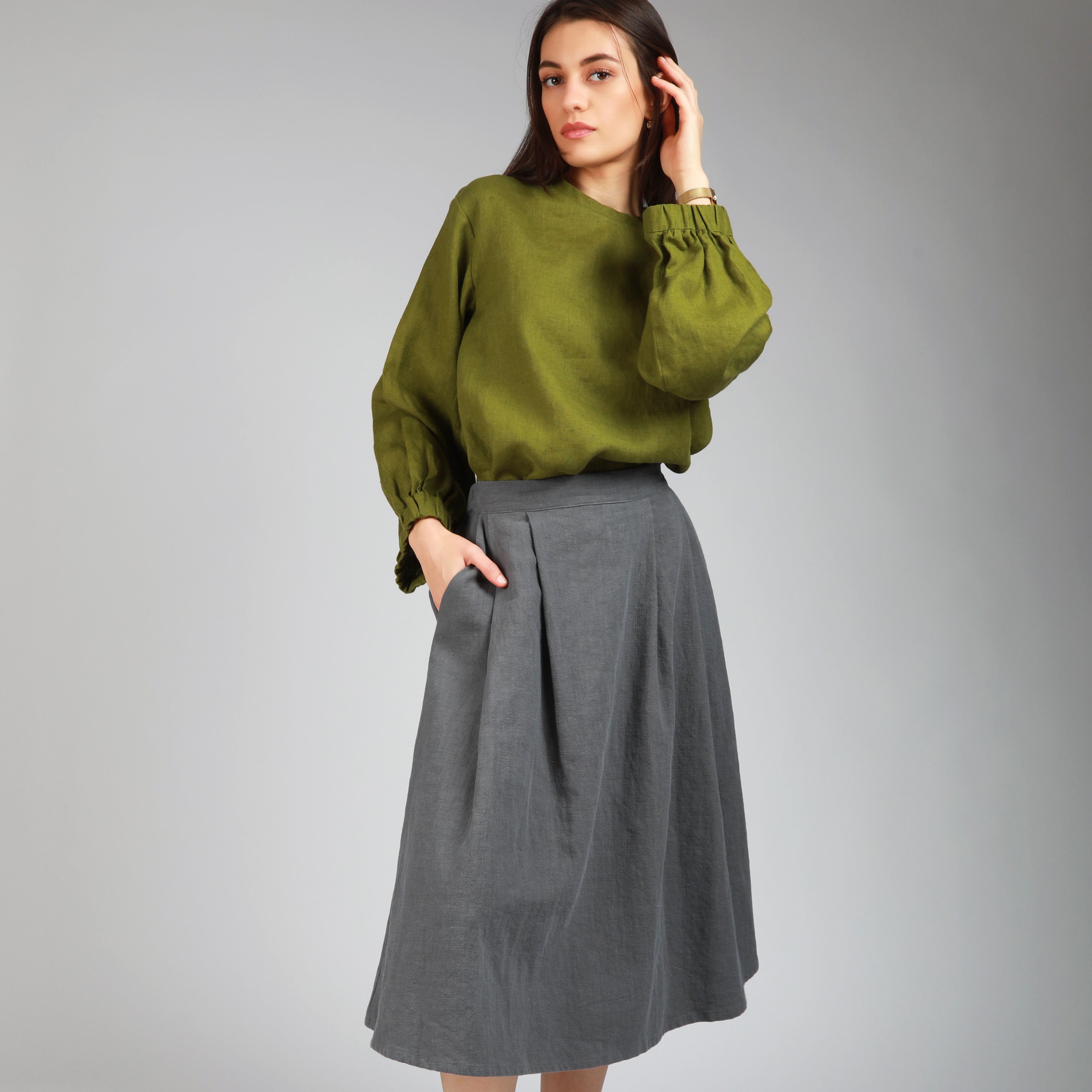 BOEMA Balloon Sleeve Linen Blouse, Sizes XS, S - Color APPLE GREEN