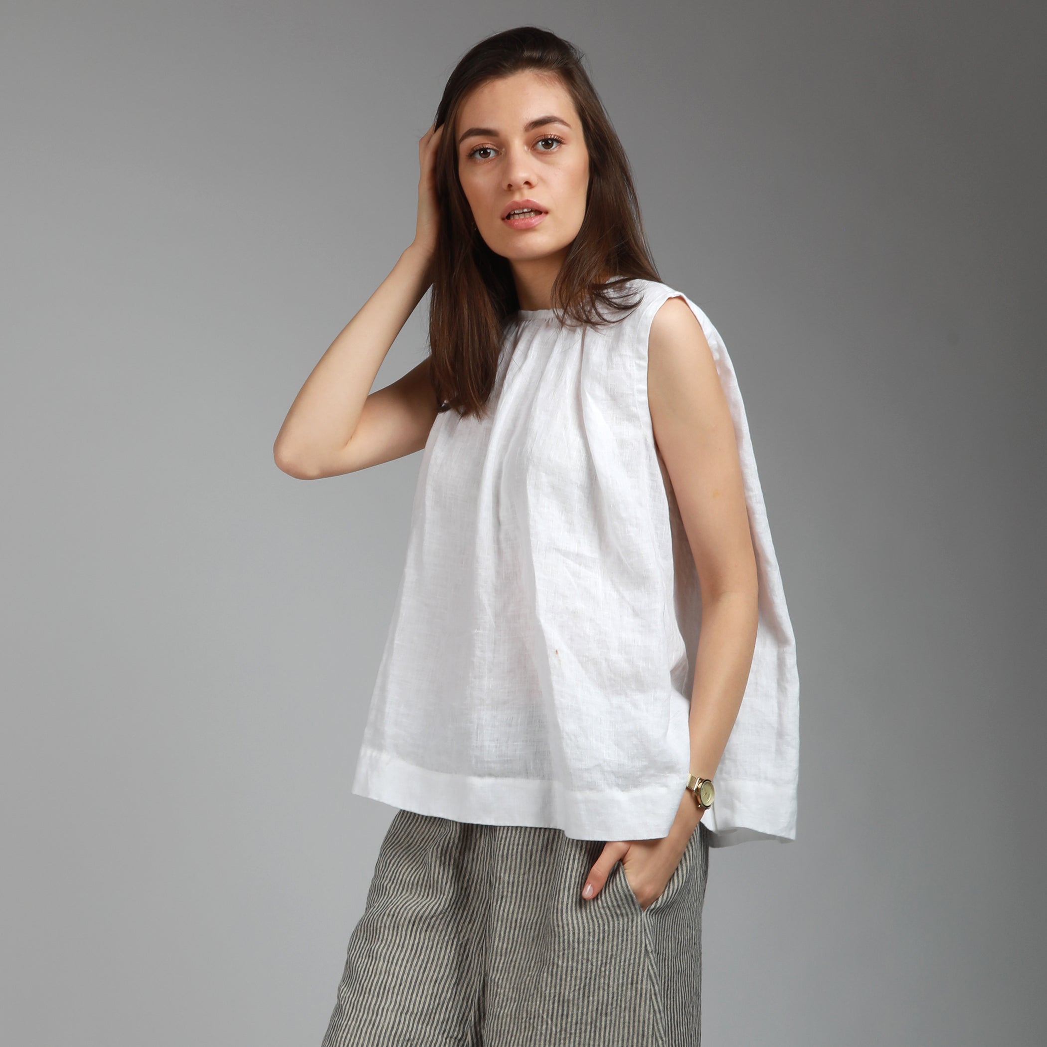 VIVA Loose Flared Sleeveless Linen Top - Sizes XS, S - Color RED GRAPEFRUIT