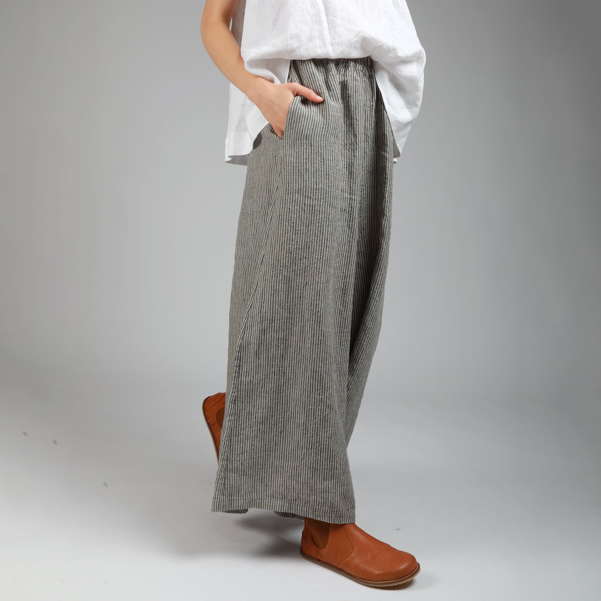 MARGOT Wide Low Crotch Linen Pants, Size S, Color GRAY STRIPES