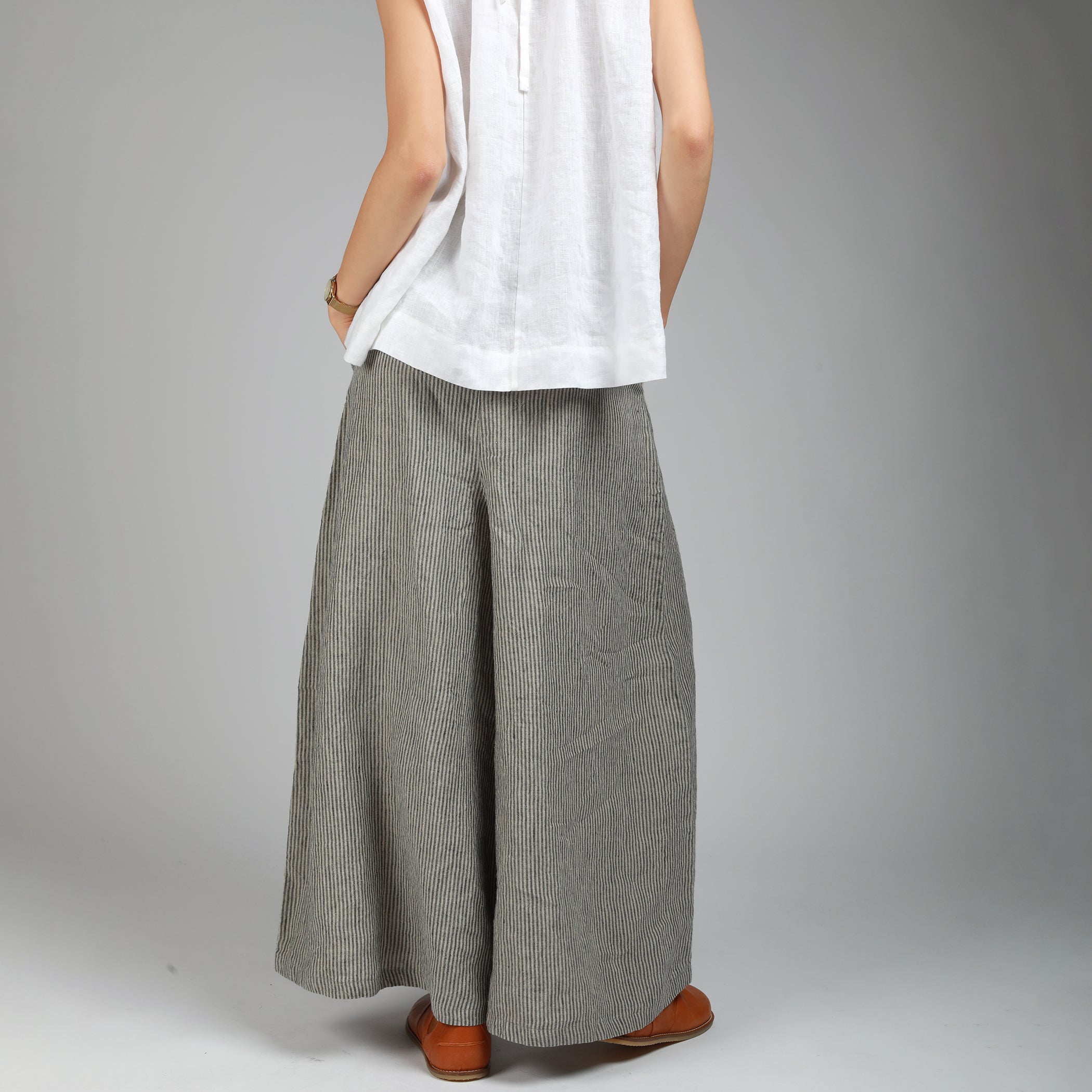 MARGOT Wide Low Crotch Linen Pants, Size S, Color GRAY STRIPES