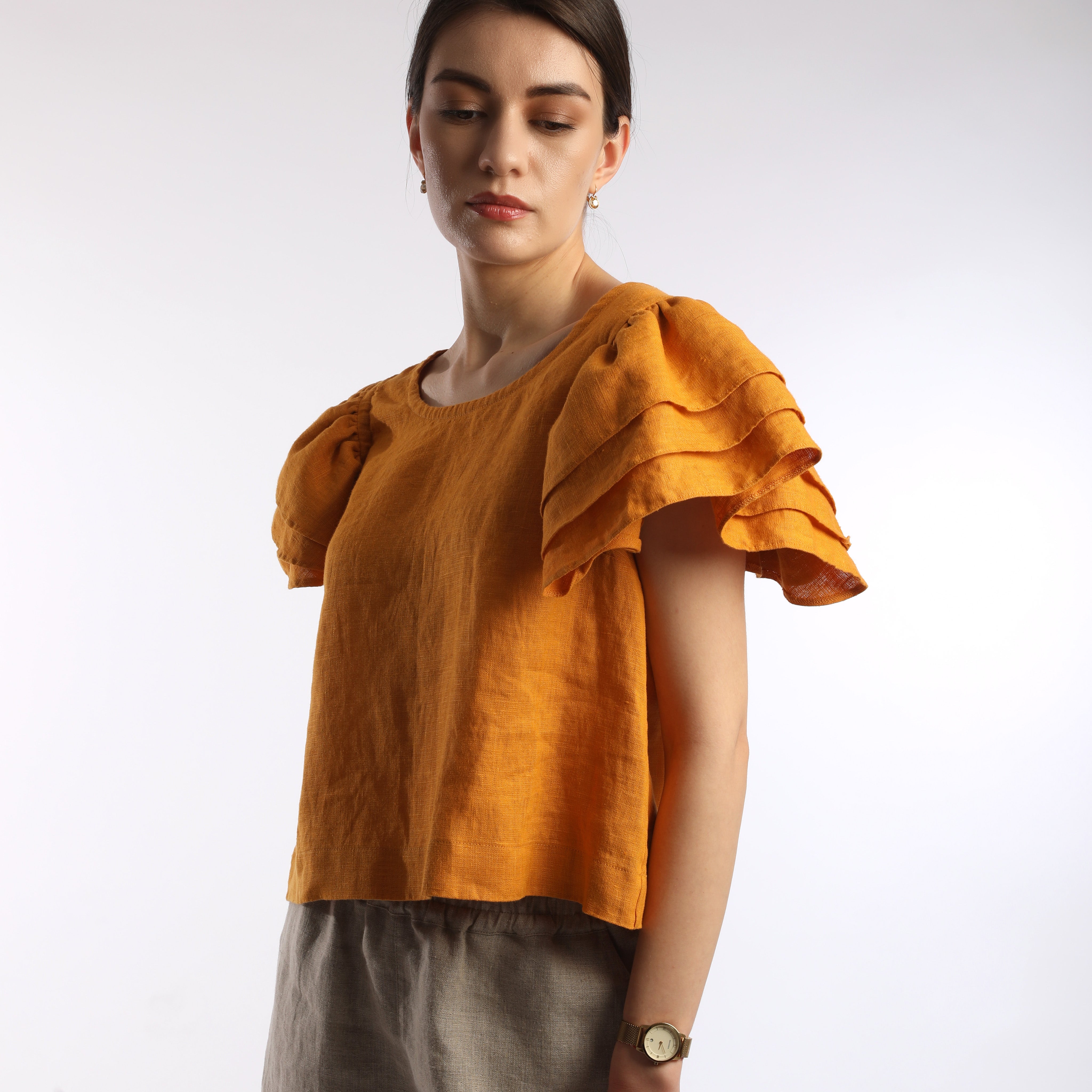 LISETTE Cropped Linen Blouse with Ruffle Sleeves