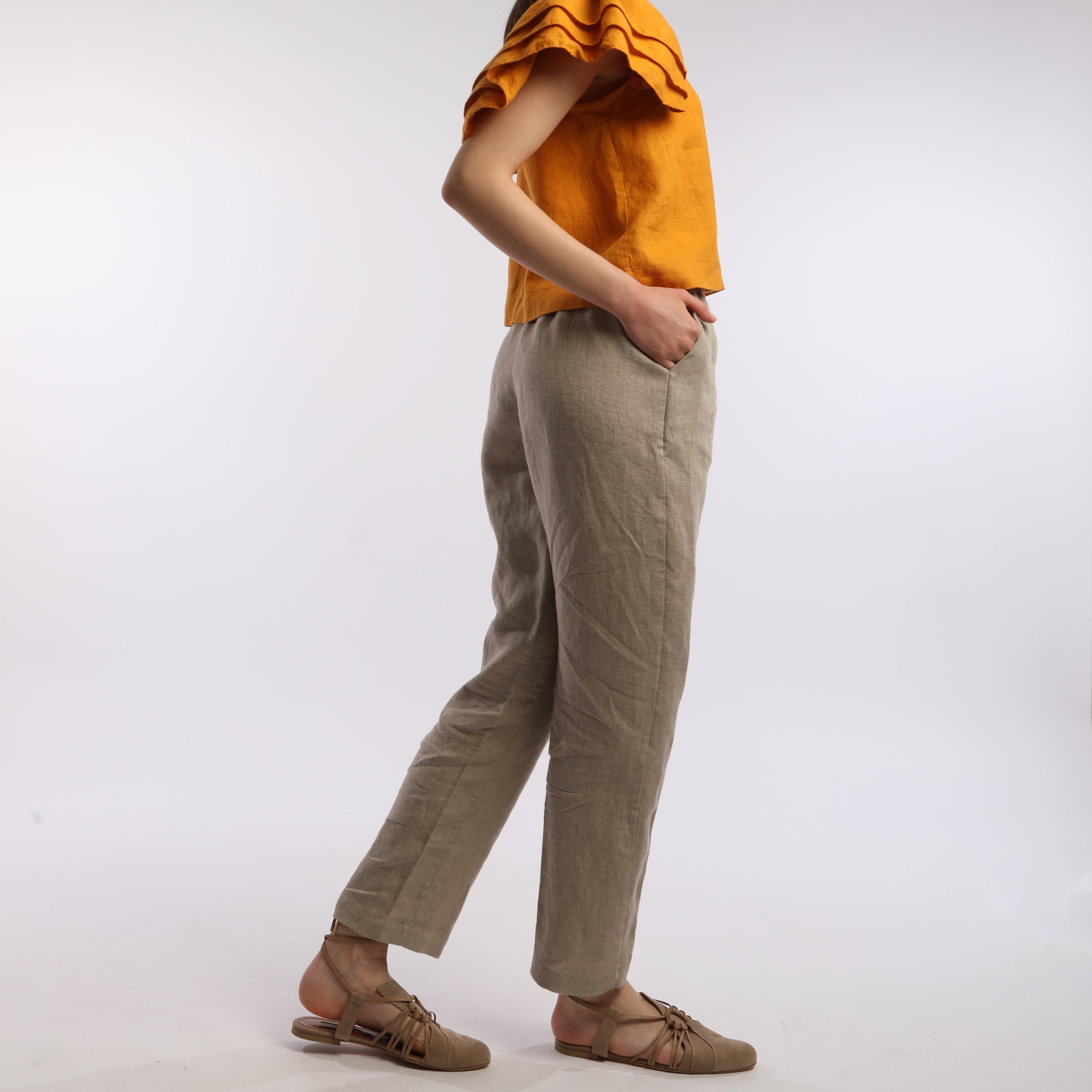 RELAX Tapered Leg Ankle Linen Pants with Side Pockets