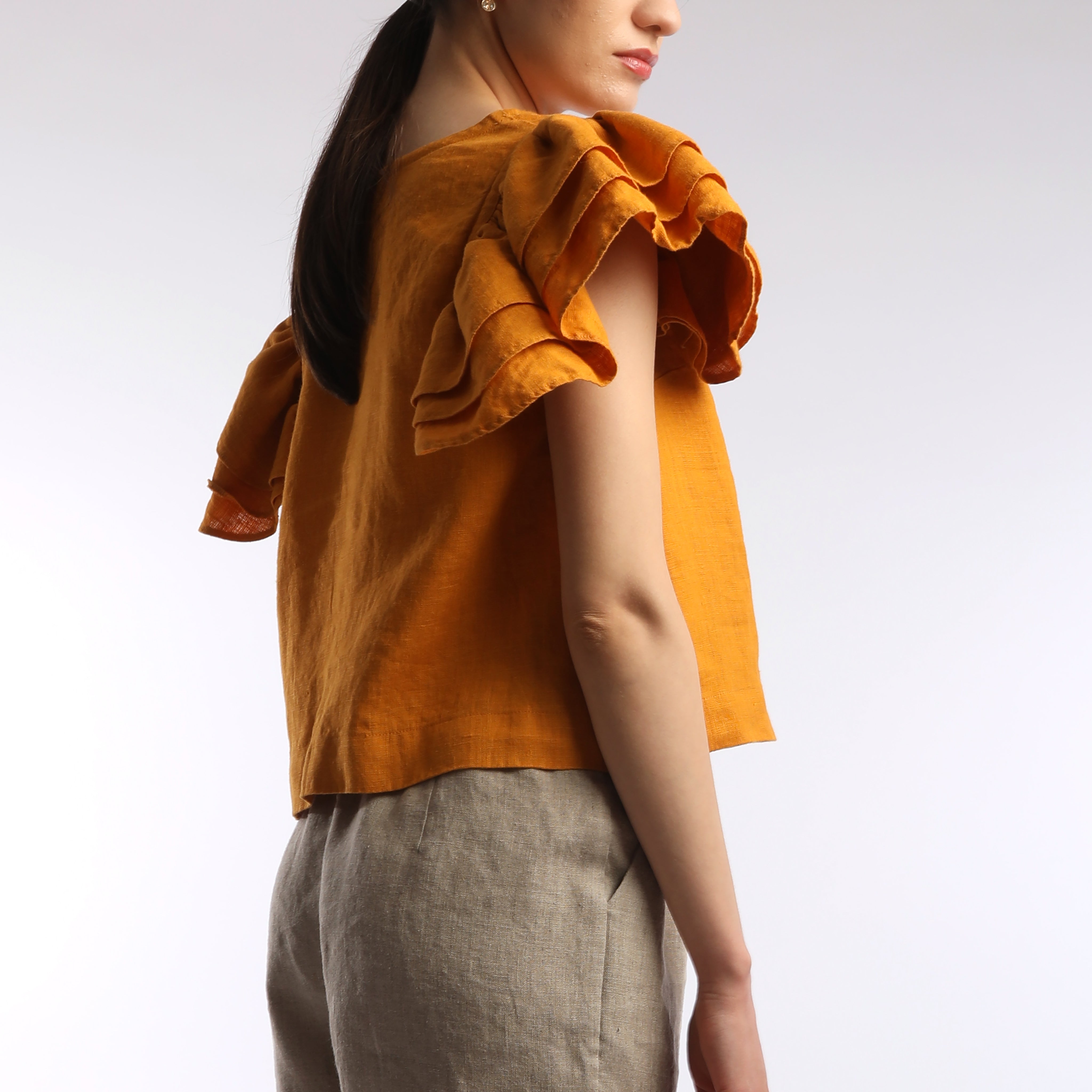 LISETTE Cropped Linen Blouse with Ruffle Sleeves