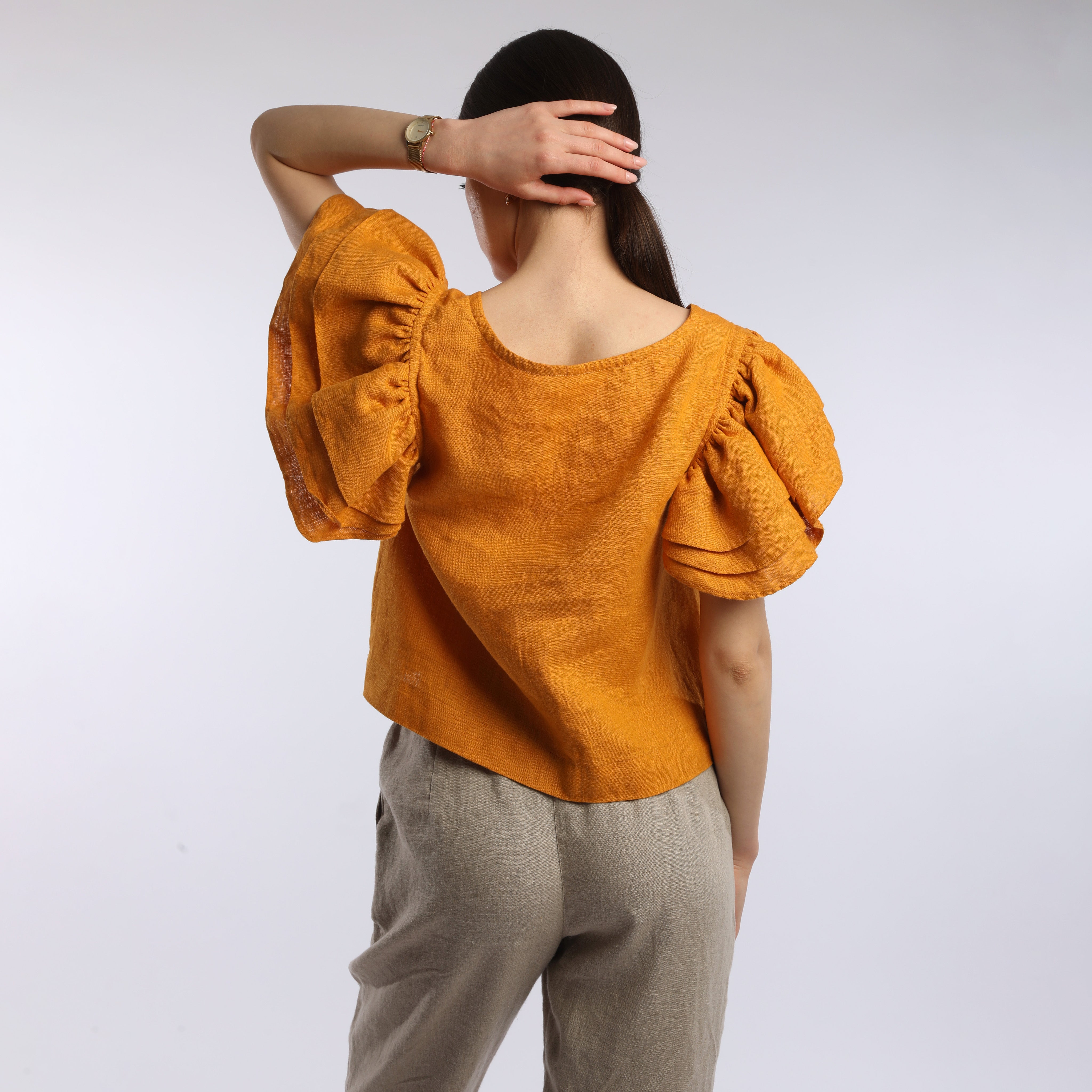 LISETTE Cropped Linen Blouse with Ruffle Sleeves