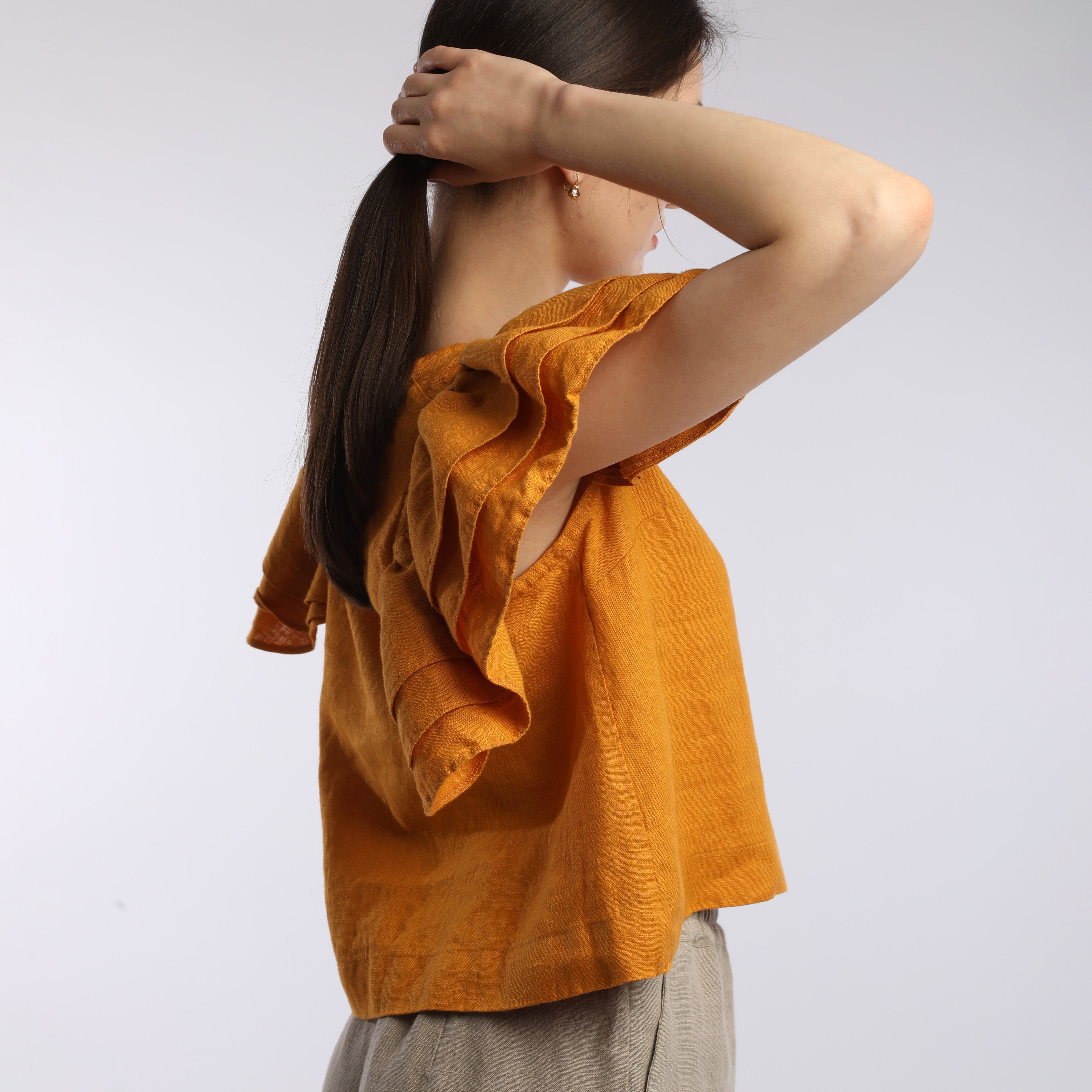 LISETTE Cropped Linen Blouse with Ruffle Sleeves