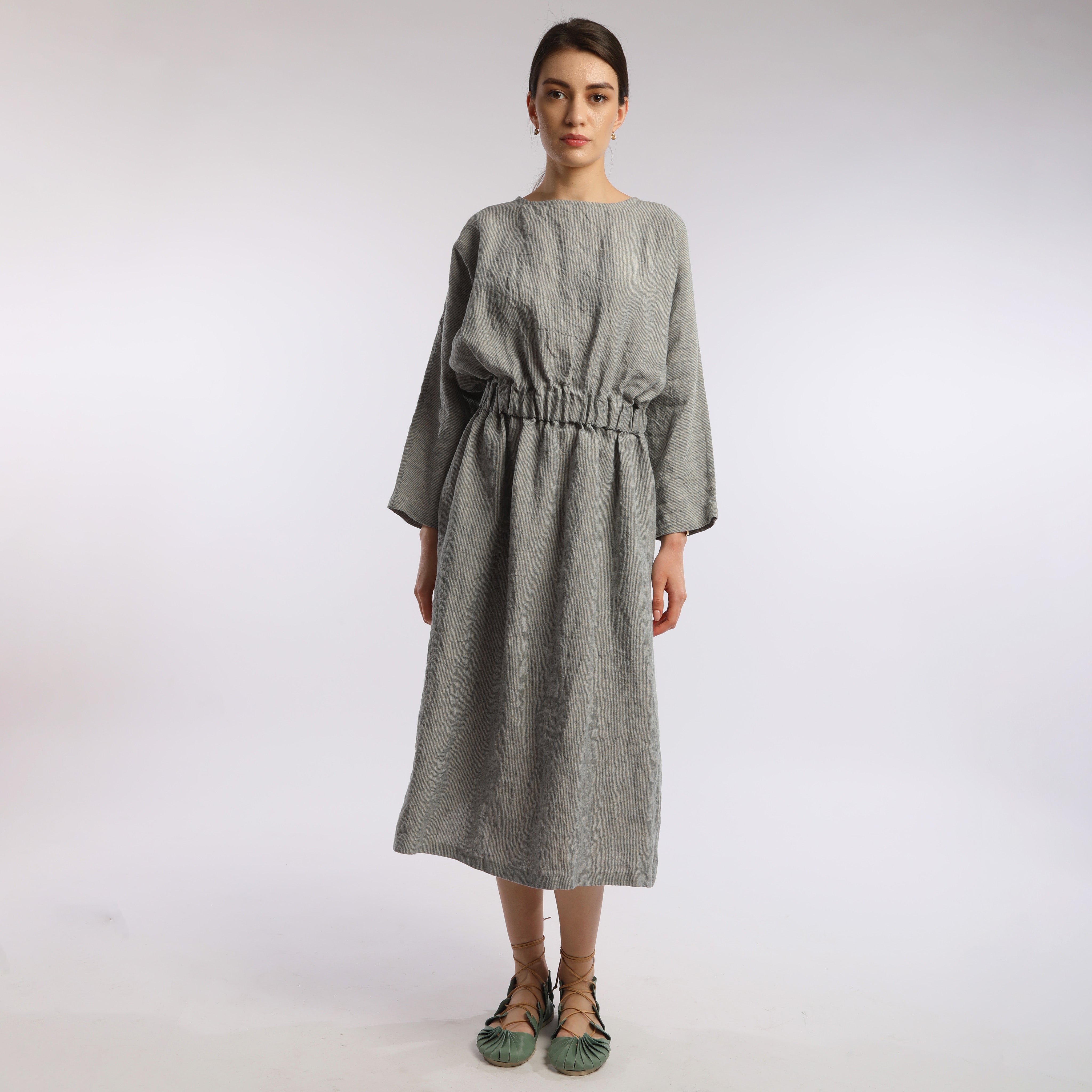JOURNEY Midi Linen Dress with Elastic Waist - Sizes XS and S - Color BLUE STRIPES